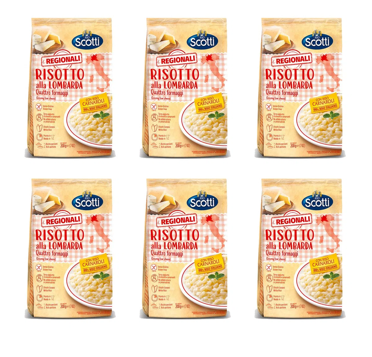 Riso Scotti I Regionali Risotto alla lombarda - Quattro formaggi - 6 confezioni da 200 g - Senza glutine - Senza aggiunta di coloranti