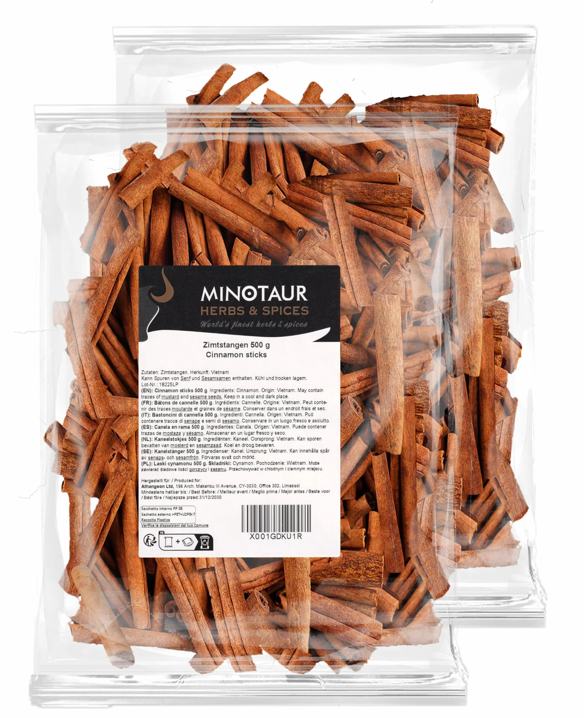 Minotaur Spices | Bastoncini di Cannella 2 x 500g (1 Kg) | Cannella in Stecche circa 160-170 pezzi | circa 8 cm