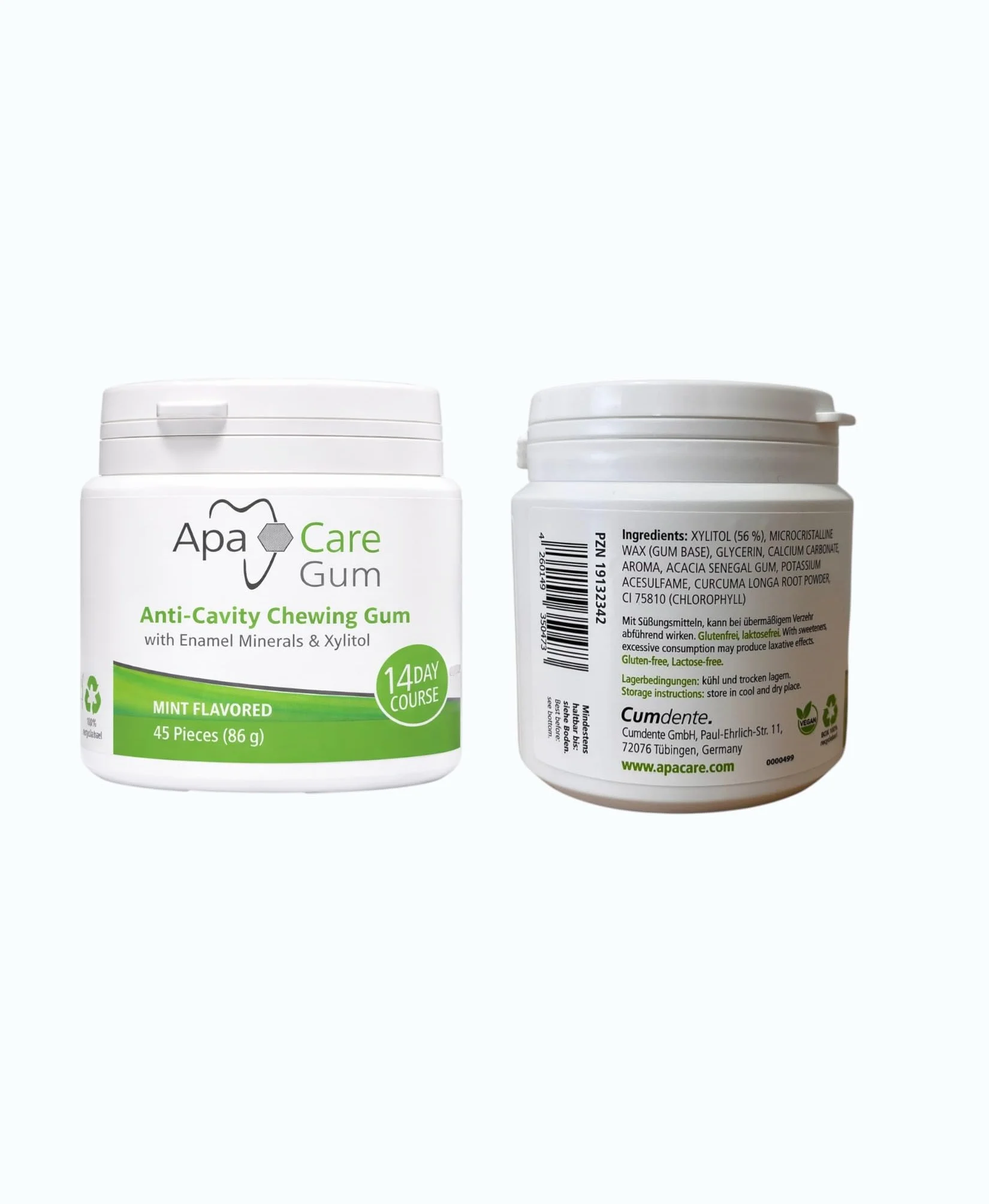 Apa Care Gum gomma da masticare anti-carie con minerali dello smalto e xilitolo | vegano | 6 lattine