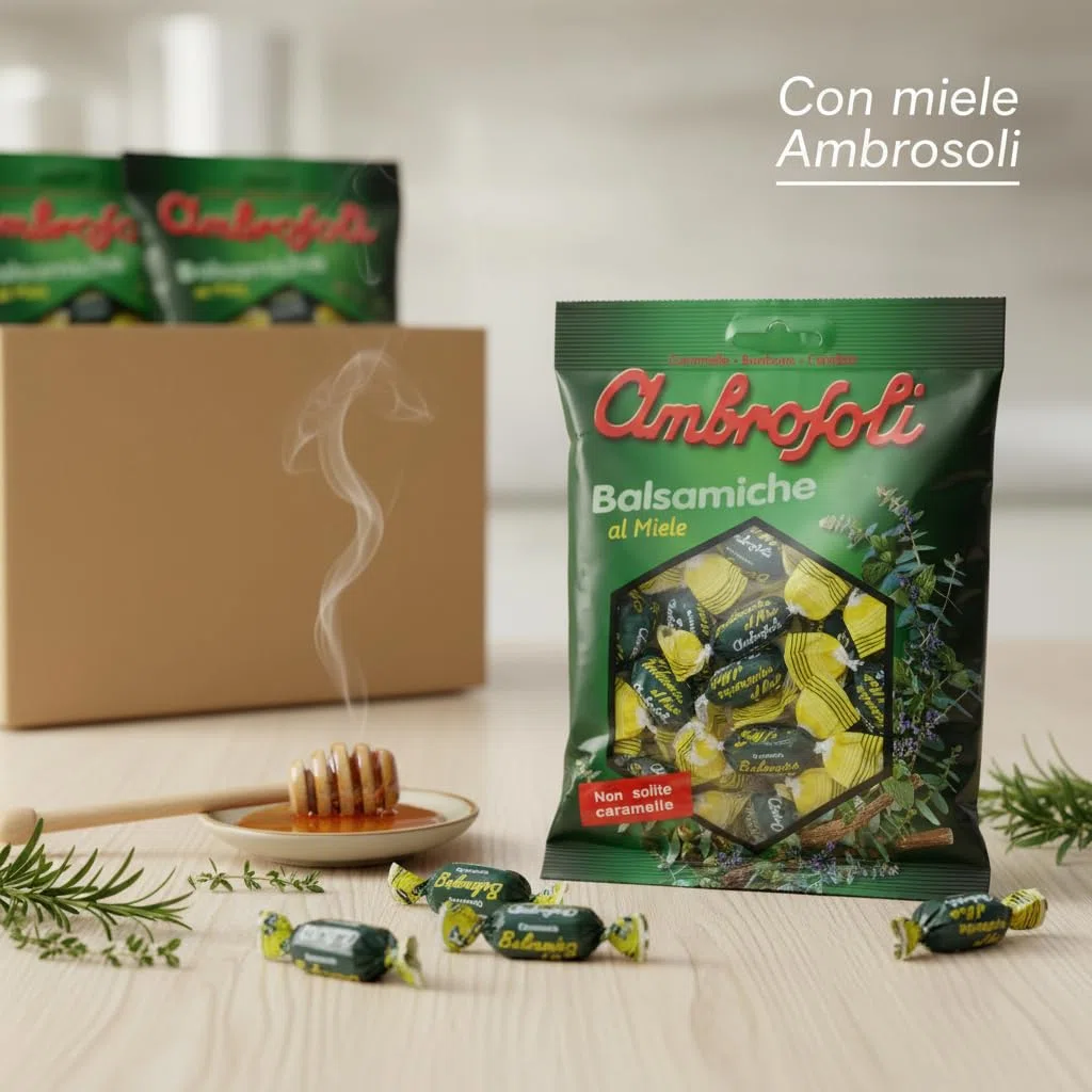 Ambrosoli Caramelle Balsamiche al Miele – Cartone Convenienza 20 Buste da 135 g – Caramelle Balsamiche Rinfrescanti con Miele – Ideali per Ufficio e Casa