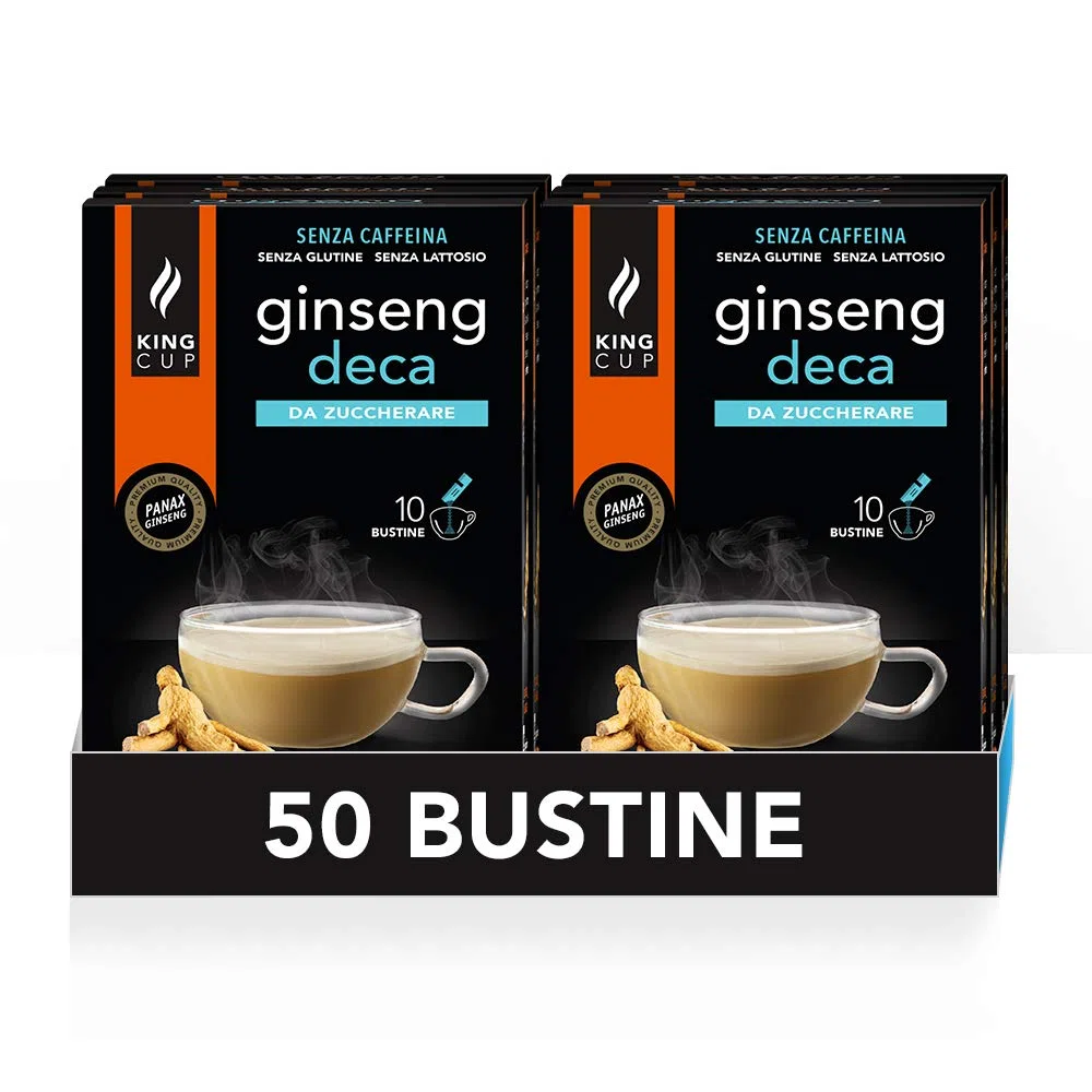 King Cup - 5 Confezioni da 10 Bustine Solubili di Ginseng Deca da Zuccherare, 50 Stick da 6 Gr di Ginseng Decaffeinato da Aggiungere a 60 Ml di Acqua Calda, Senza Glutine e Senza Lattosio