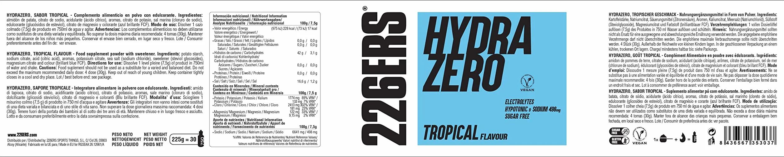 226ERS Hydrazero | Bevanda per l'Idratazione e il Recupero dei Sali Minerali ed Elettroliti, Tropical - 225 gr