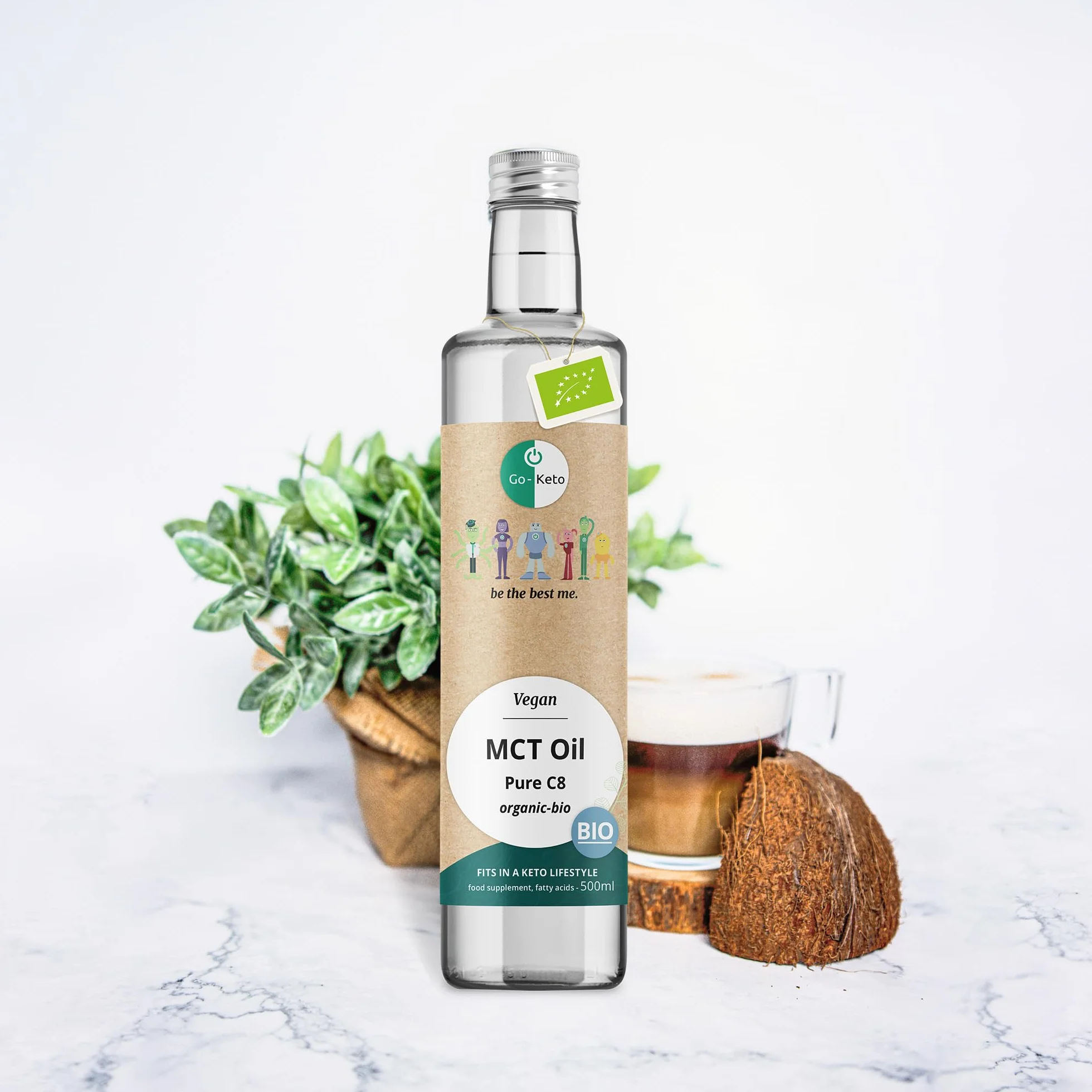 Go-Keto BIO MCT Oil C8, 500ml | Olio MCT C8, 100% olio di cocco biologico, senza olio di palma | perfetto per dieta chetogenica | crema di caffè cheto per caffè o frullato cheto | Paleo, vegano