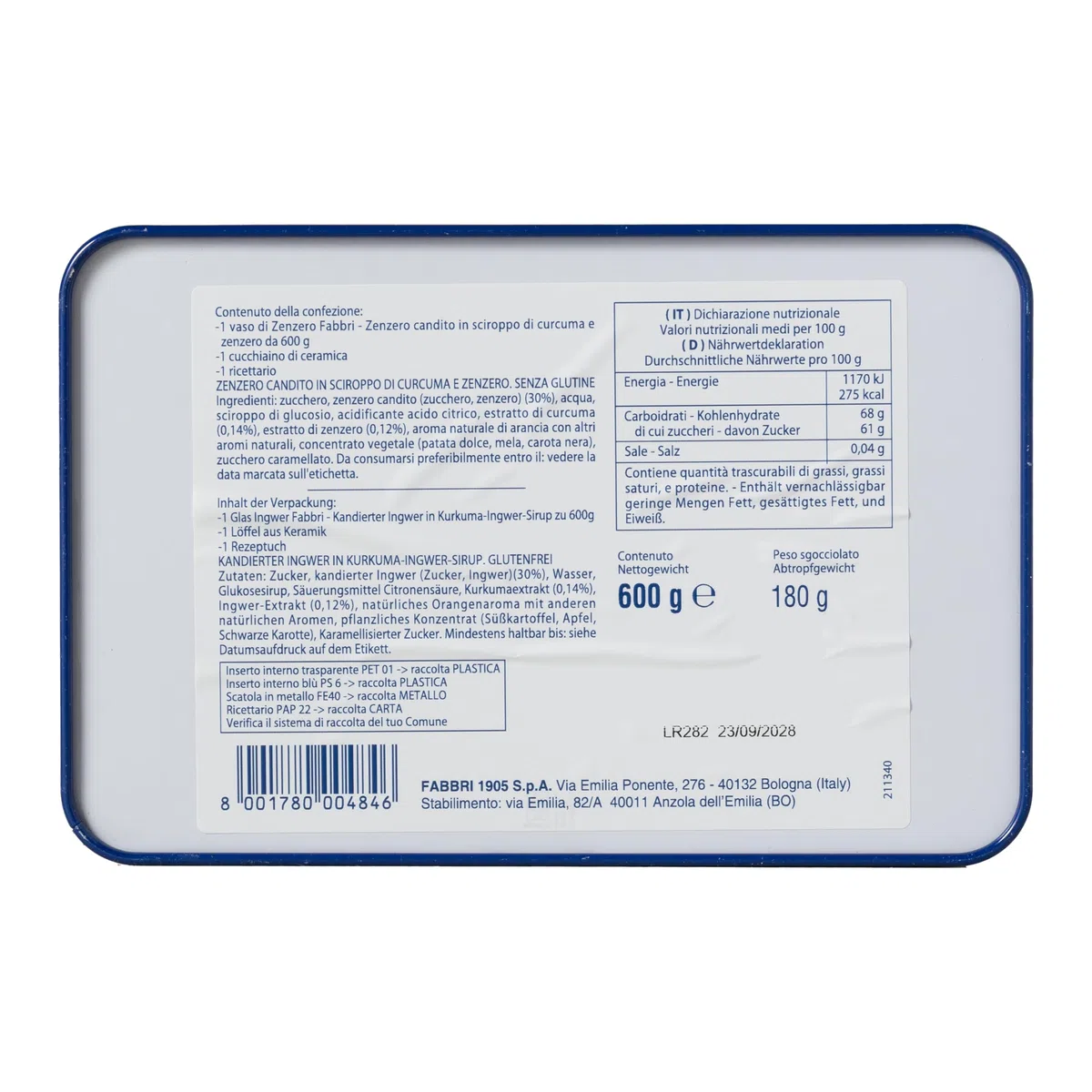 Latta Regalo Zenzero Fabbri 600g con cucchiaino e ricettario