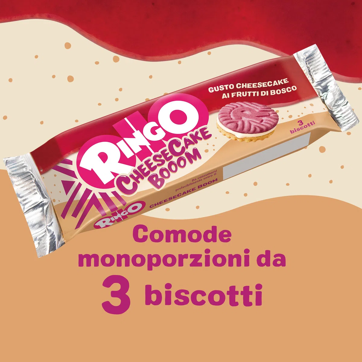 Pavesi Snack Ringo Cheesecake Booom, Biscotti Farciti con Crema Dolce al Formaggio e Biscotti ai Frutti di Bosco e Malto d'Orzo, Snack per Merenda o Pausa Studio, 165g
