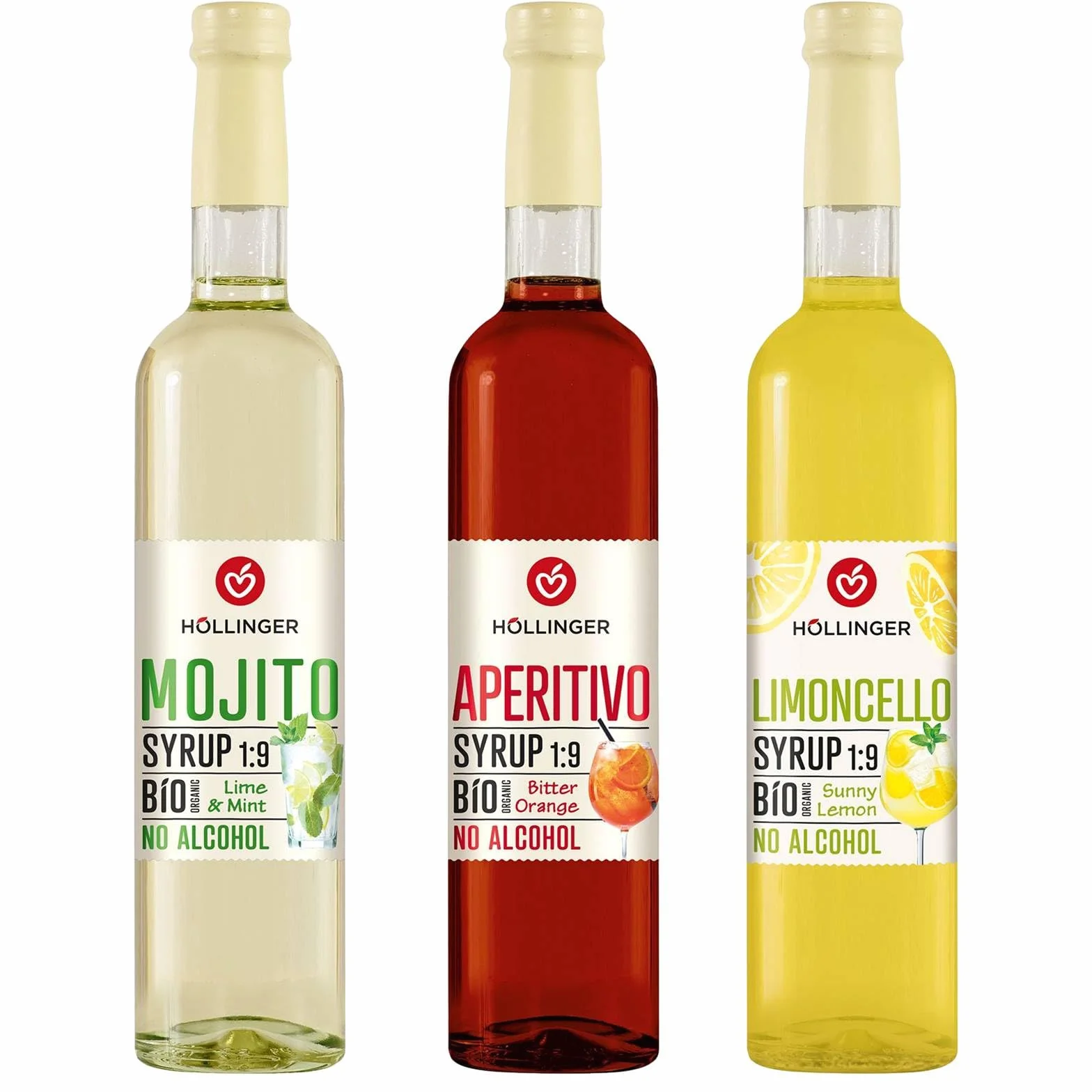 HÖLLINGER Set Sciroppi Biologici, 3 Bottiglie da 500ml, Mojito Lime & Menta, Aperitivo Bitter Orange, Limoncello Sunny Lemon, Senza Alcool, Rapporto 1:9