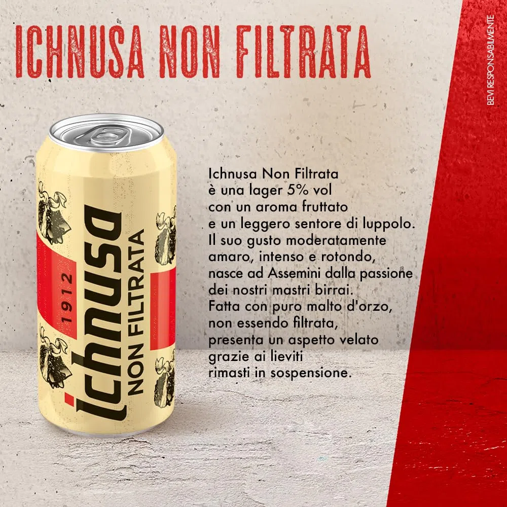 Birra Ichnusa Non Filtrata, Cassa con 24 Lattine 24 da 44cl, Birra Lager Non Filtrata a Bassa Fermentazione, Gusto Morbido, Corposa ed Equilibrata, Gradazione 5,0% Vol