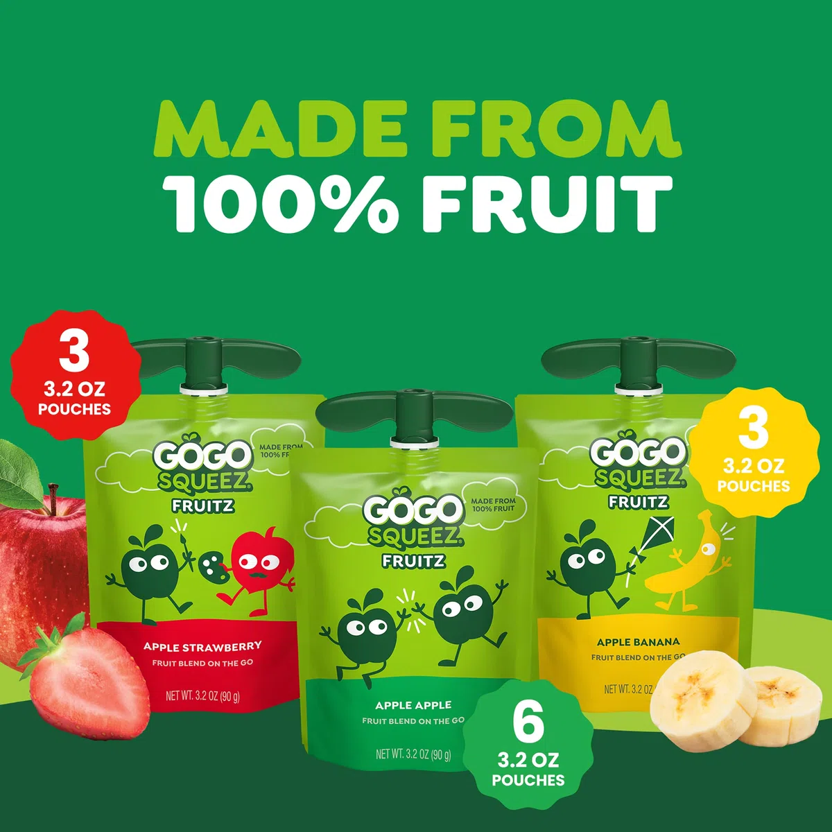 GoGo squeeZ Fruit on the Go Variety Pack, Apple, Banana & Strawberry, 3.2 oz (Pack of 12), Unsweetened Fruit Snacks for Kids, Gluten Free, Nut Free and Dairy Free, Recloseable Cap, BPA Free Pouches