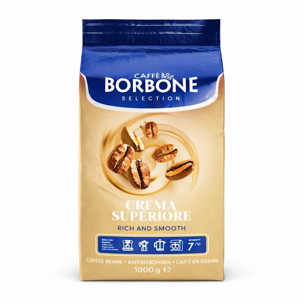 Caffè Borbone, chicchi di caffè tostati - Crema Superiore - Espresso napoletano autentico - Intensità 7/10 - Miscela potente e raffinata con note di cioccolato al latte e vaniglia - Confezione da 1 kg