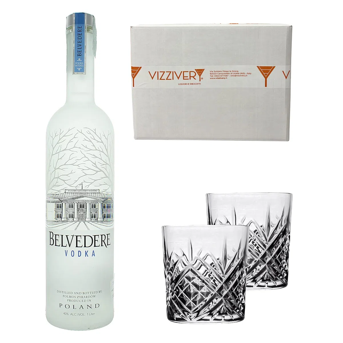 Belvedere Vodka 40% Vol. 1000 ml - Due Bicchieri In Vetro da 300 ml