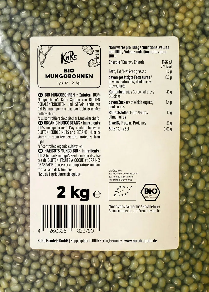 KoRo - Fagioli mung bio 2 kg - Legumi ricchi di proteine da coltivazione biologica in confezione risparmio