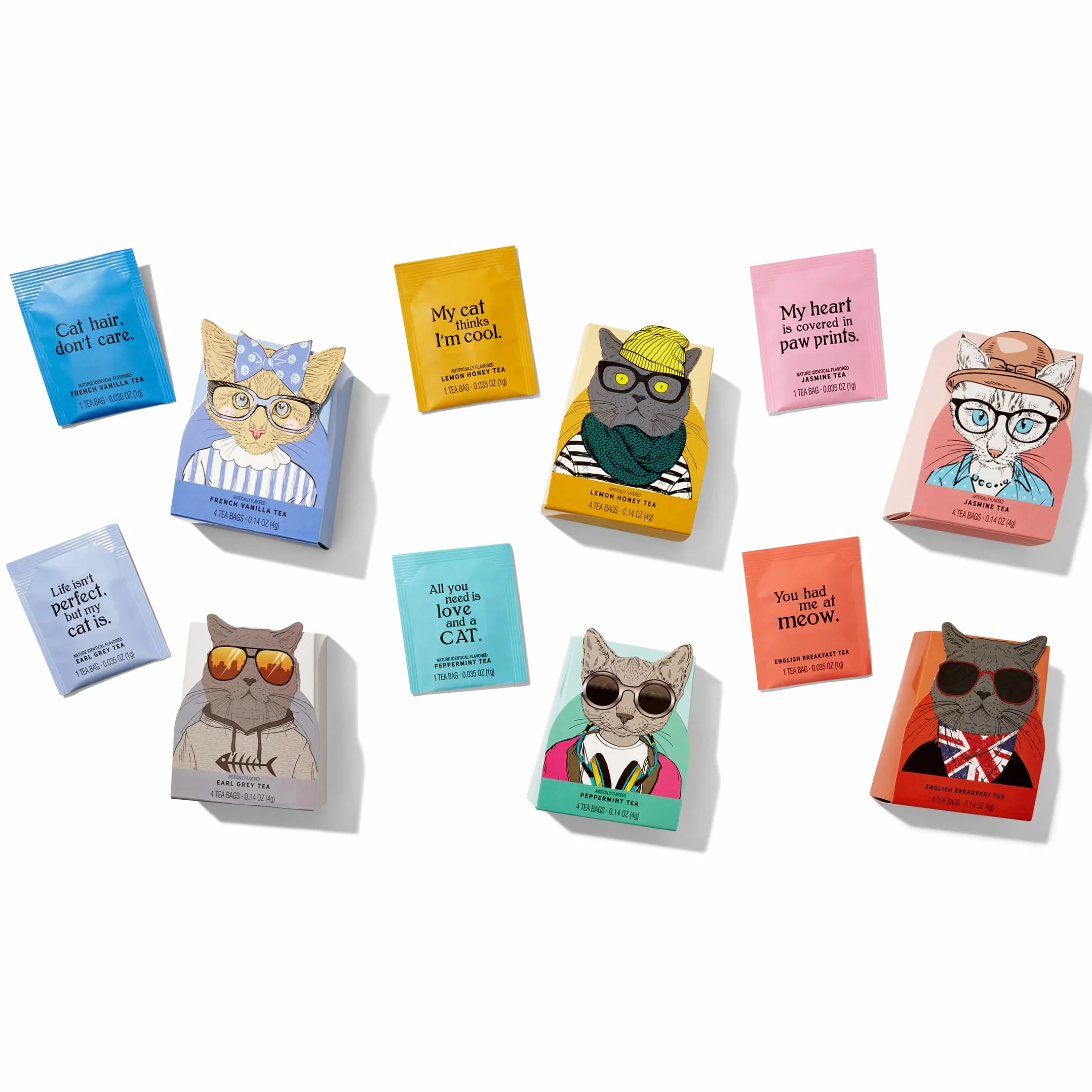 Thoughtfully Gourmet, set regalo per amanti dei gatti, include 24 tè in 6 gusti con elegante arte del gatto e citazioni divertenti per gatti mamme e papà gatto, set da 24