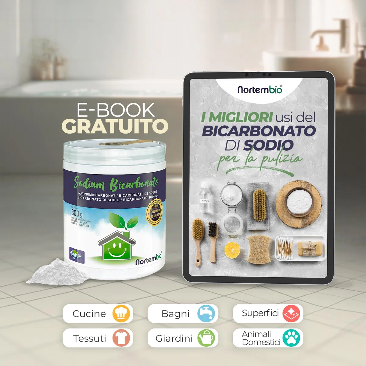Nortembio Bicarbonato di Sodio 5 Kg 100% Naturale per Pulizia Multiuso. Senza Alluminio. Elimina Odori e Sporco. Cucina, Bagno, Tessuti. E-Book Incluso