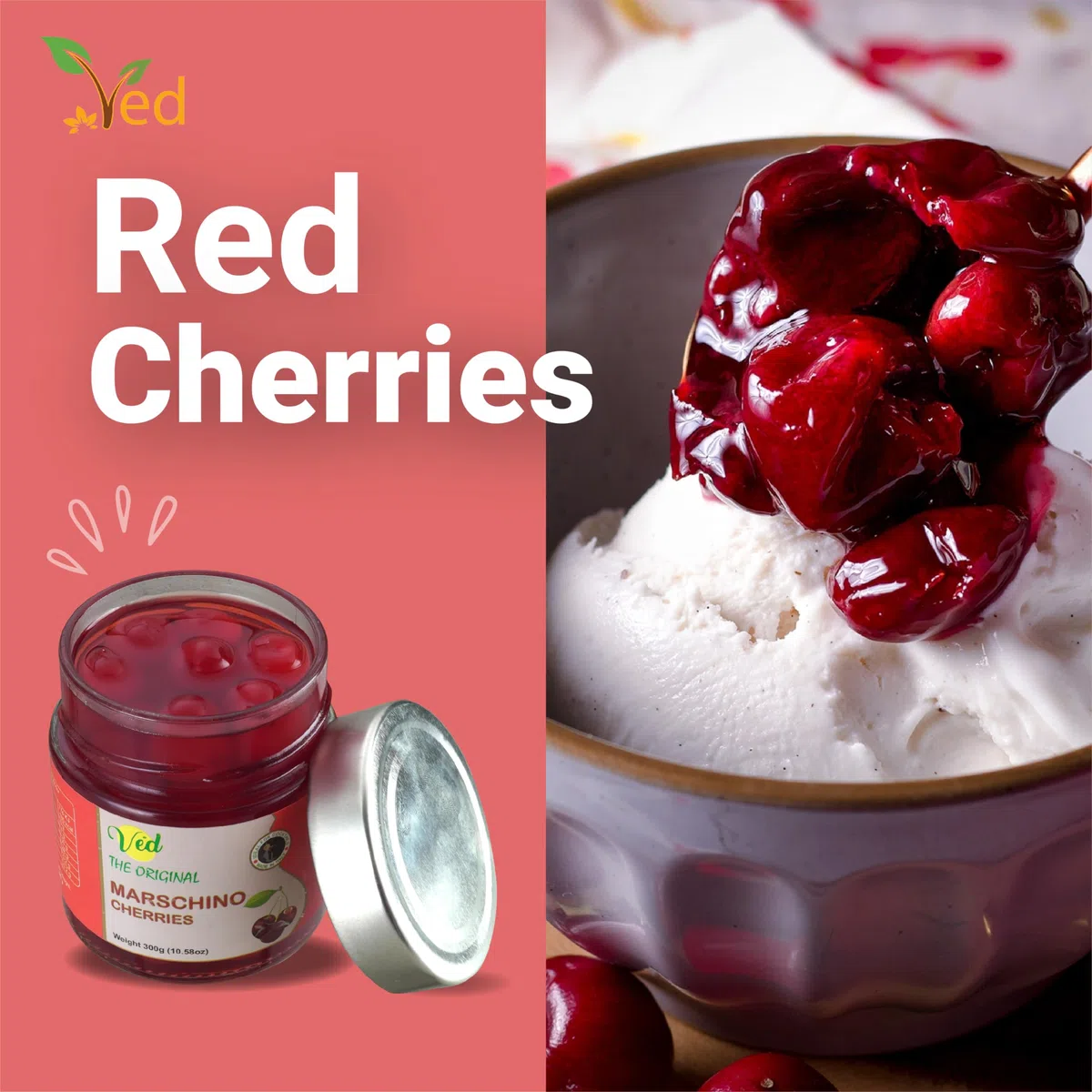 Ved Gourmet Originale Ciliegie Rosse al Maraschino - Ciliegia Italiana per Cocktail Old Fashioned - Cocktail Vegano, Ciliegie Bourbon in Sciroppo Naturale per Topping Cocktail (Pack of Two)