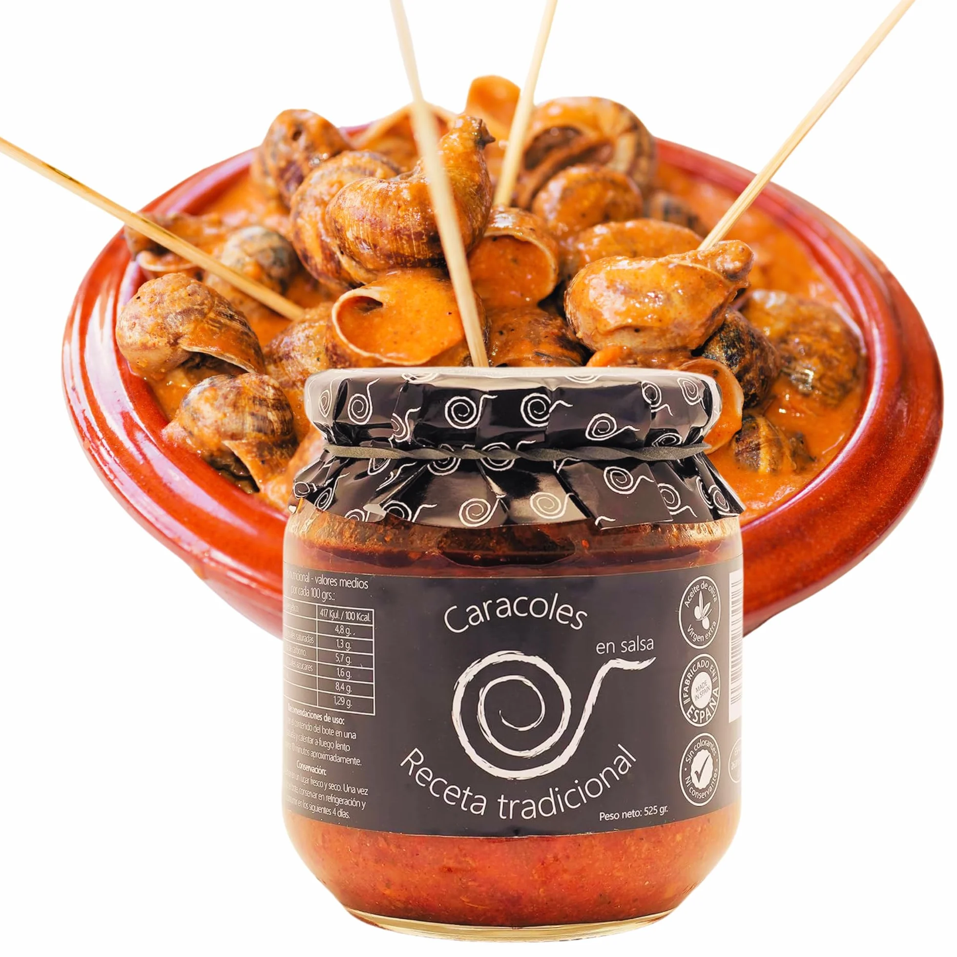 Lumache da mangiare. Lumache in salsa. Lumache cotte 550gr. Ricetta familiare, casalinga e artigianale. Conserve gastronomiche. Regalo originale per tutti. Prodotto 100% fabbricato in Spagna.