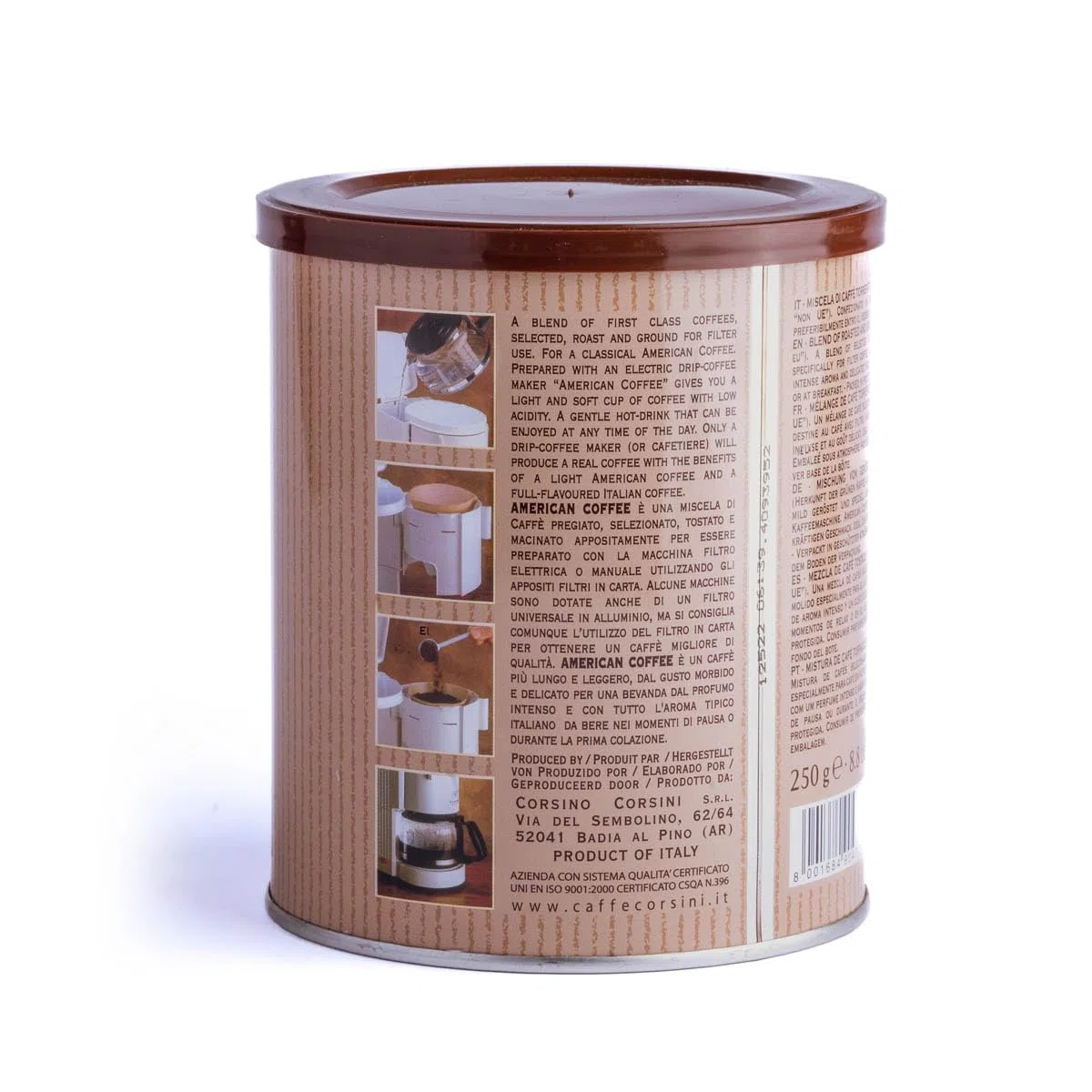 Caffè Corsini - Caffè Americano, Miscela di Macinato per Filtro, Leggero e Profumato, 4 Lattine da 250 Grammi Cadauna