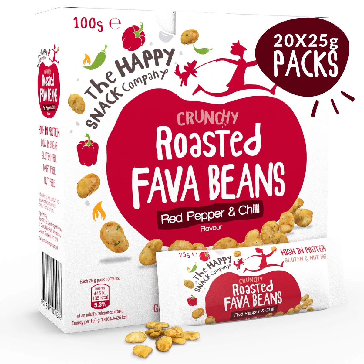 The Happy Snack Company Fave arrostite, pepe rosso e peperoncino Sapore spuntino sani, ad alto contenuto proteico, senza glutine, vegani, 105 calorie, 25 g, confezione da 20