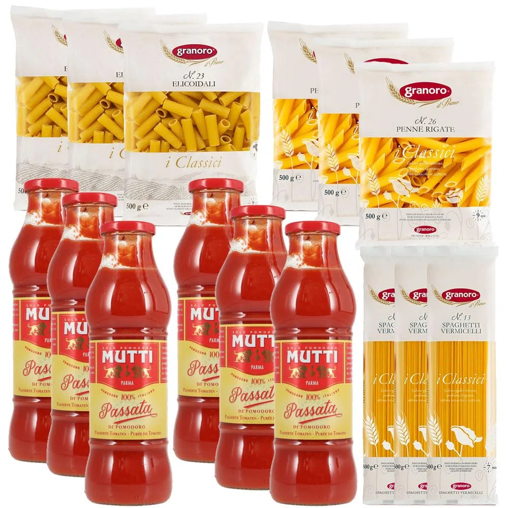 Box SCORTA 3 Pasta Vermicelli Spaghetti + 3 Pasta Penne rigate + 3 Elicoidali Granoro Gr 500 + 6 Passata di pomodoro Mutti gr 700