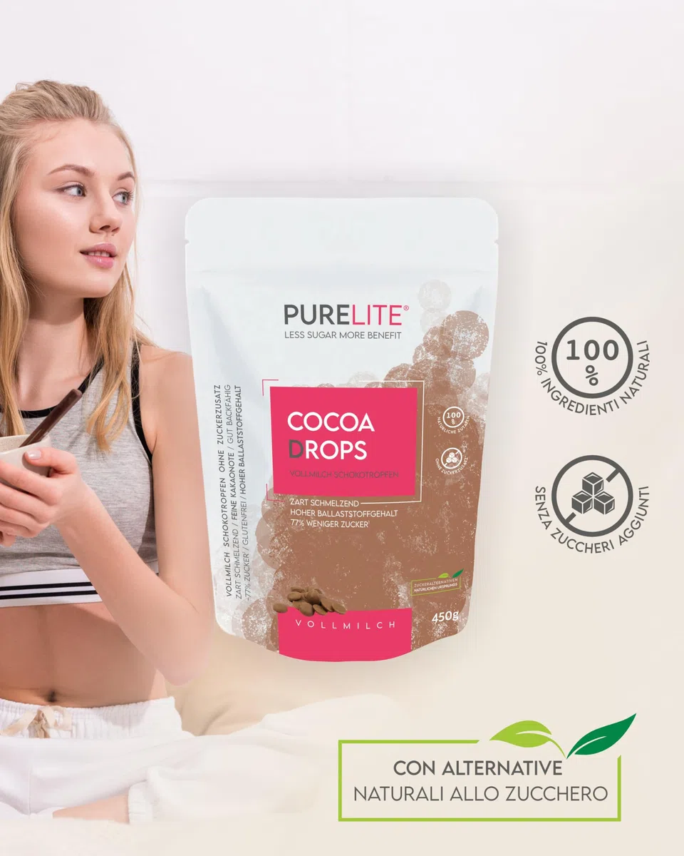 PURELITE Cocoa Drops cioccolato 450g, gocce di cioccolato al latte intero senza zuccheri aggiunti, eritritolo e stevia senza retrogusto, con il 77% di calorie in meno
