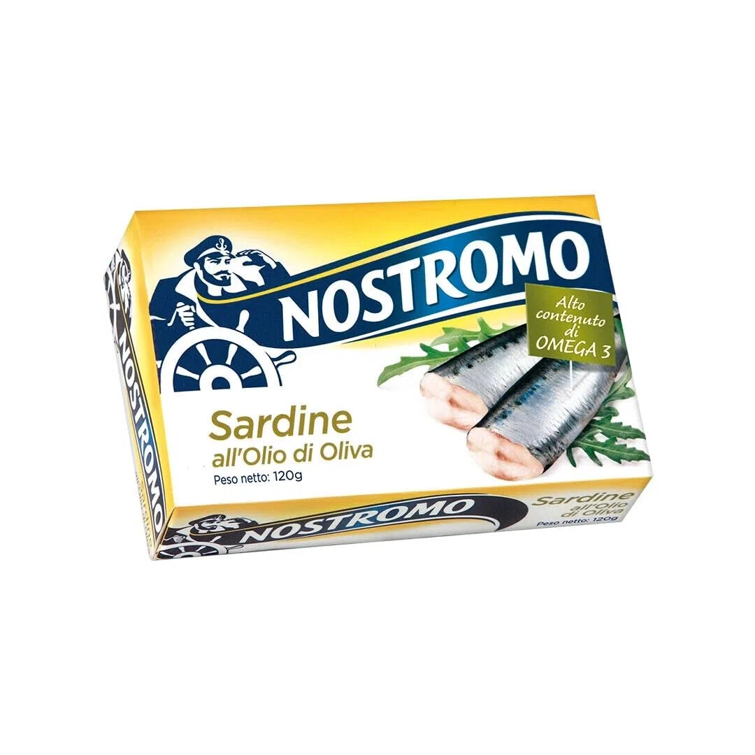 12x Nostromo Sardine all'Olio di Oliva,sarde in olio d'oliva, Pesce in Scatola,Lattine da 120g + 1 Confezione di Talco Felce Azzurra in omaggio, Busta da 100g