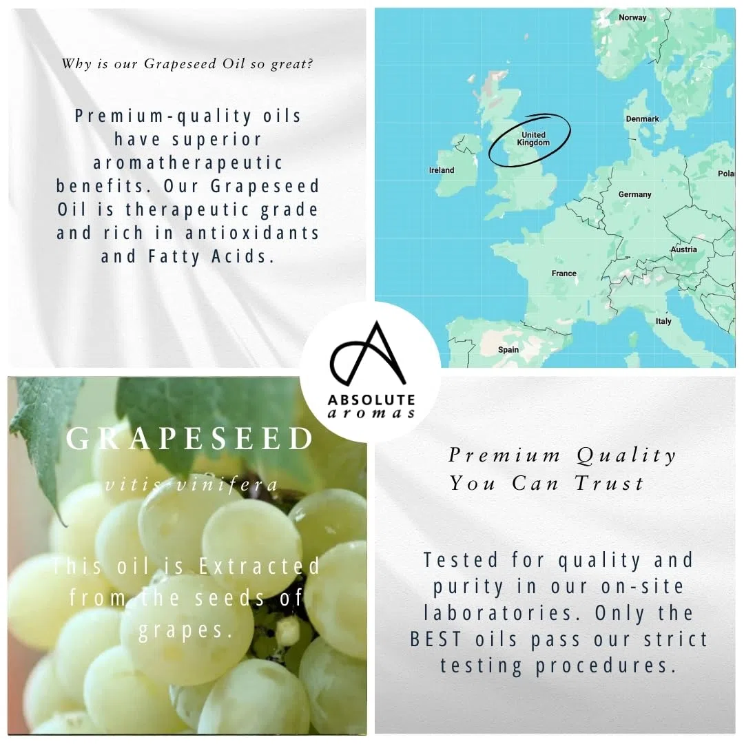 Absolute Aromas Olio di Semi d'Uva 500ml - Puro, Naturale, Spremuto a freddo, Cruelty Free, Vegano, Senza OGM - Olio base per Massaggi e Idratante Naturale per Pelle, Capelli e Unghie