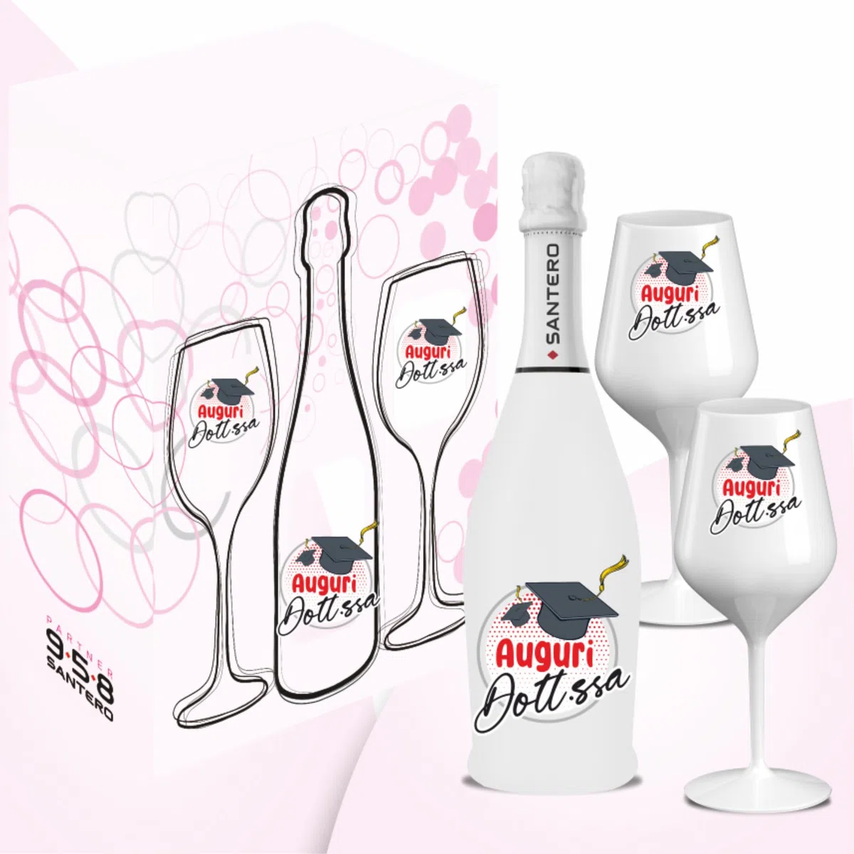 BRANDGIFT.IT Bottiglia Personalizzata Laurea Santero 958 Kit Regalo Bottiglia Spumante 750ml 2 Calici Personalizzati e Box in Cartone Idea Regalo Laurea (DOTTORESSA, 750 ML)