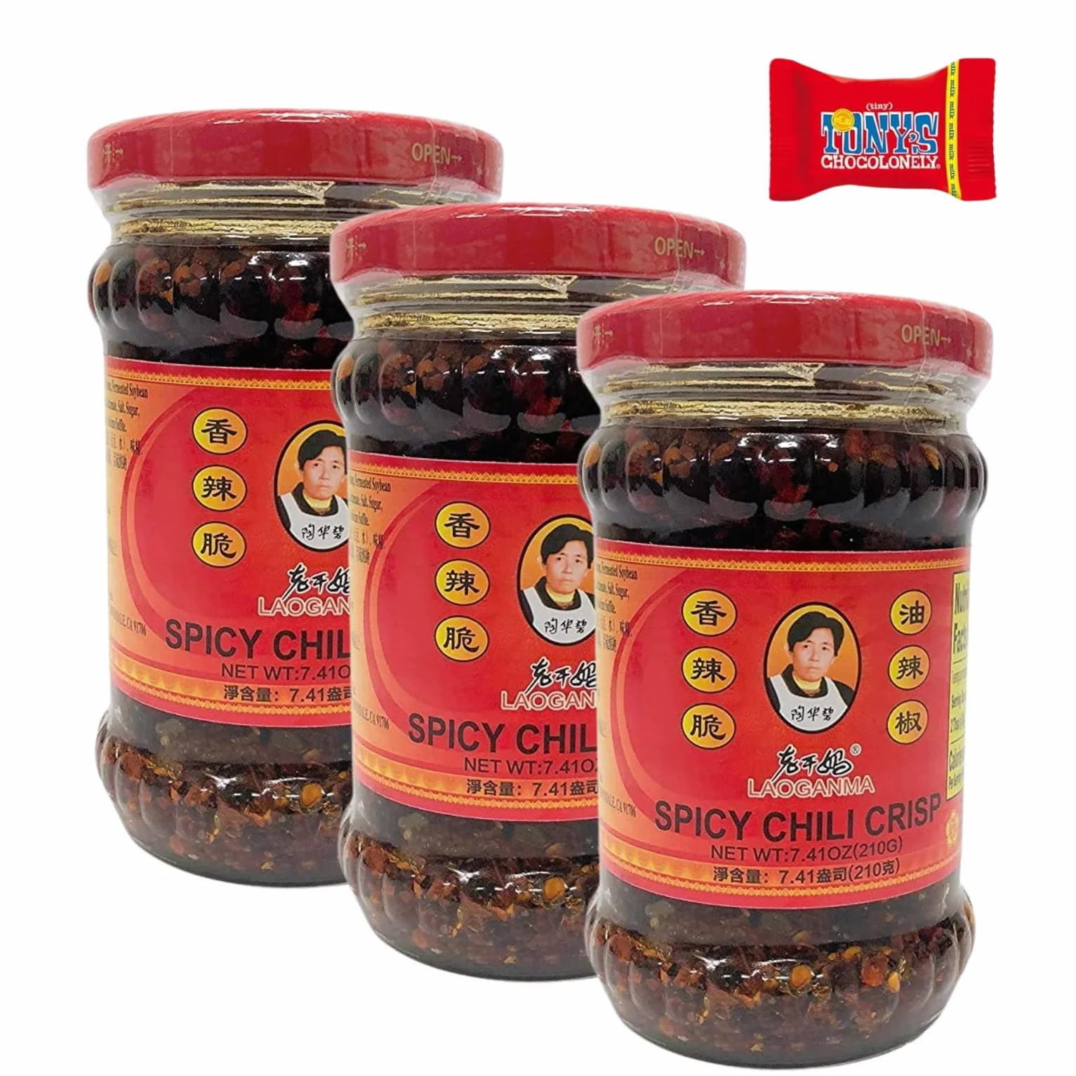 Lao Gan Ma Crispy Chilli in olio, 210 g, confezione da 3 pezzi, peperoncini croccanti in olio piccante, Trinovi