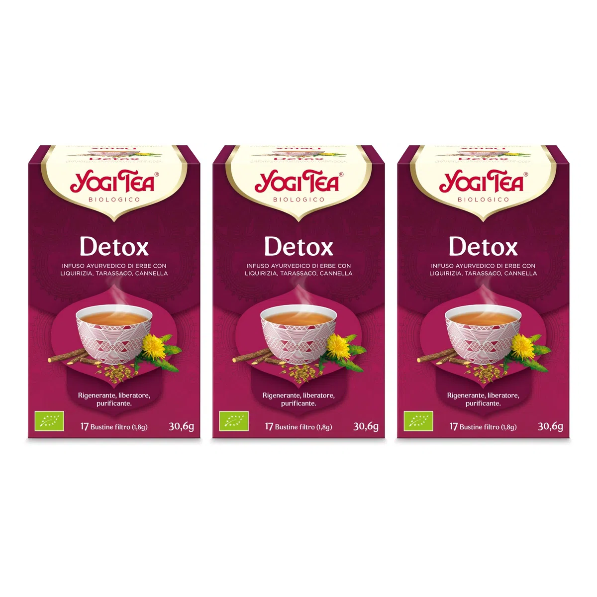 Yogi Tea - Detox Bio - Infuso Ayurvedico - Miscela di Liquiriza, Tarassaco, Cannella - Confezione da 3x17 bustine (51 bustine in totale)