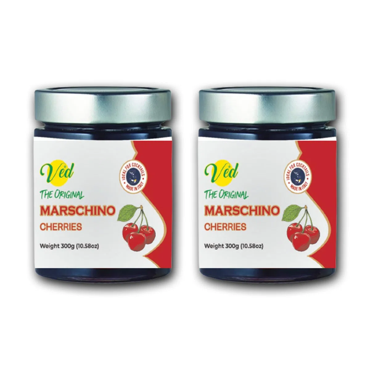 Ved Gourmet Originale Ciliegie Rosse al Maraschino - Ciliegia Italiana per Cocktail Old Fashioned - Cocktail Vegano, Ciliegie Bourbon in Sciroppo Naturale per Topping Cocktail (Pack of Two)