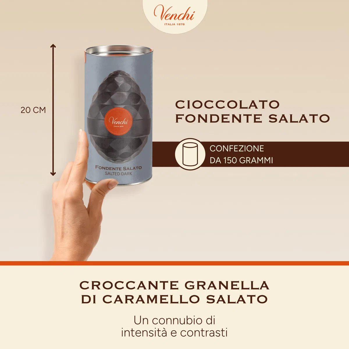 Venchi - Uovo di Cioccolato Fondente Salato, 150 Gr, Gusto Cioccolato Fondente con Granella di Caramello Salato, Senza Glutine, con Sorpresa, Collezione Pasqua Venchi, Idea Regalo