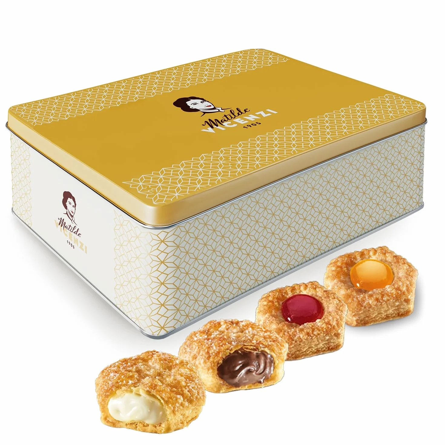 Matilde Vicenzi - Millefoglie di Matilde, Selezione di Raffinata Pasticceria di Sfoglia, Bocconcini e Ciambelline miste in una Elegante Scatola di Latta per un Regalo Goloso, Confezione da 375 gr