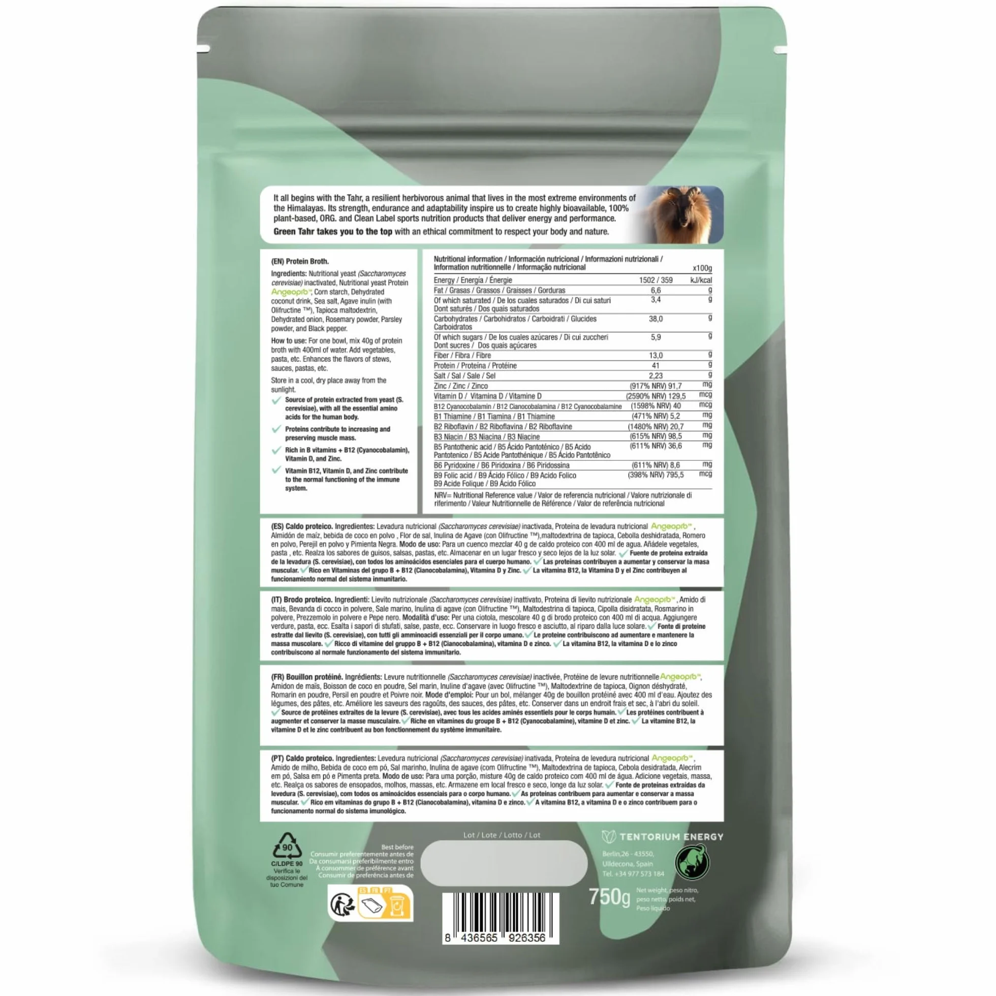 Green Tahr Brodo Vegetale Proteico Naturale in Polvere - Protein Broth 750g. Brodo Granulare Ricco di Proteine 41% e fibre 13%. Vegano, Senza Glutine né Zucchero Aggiunto