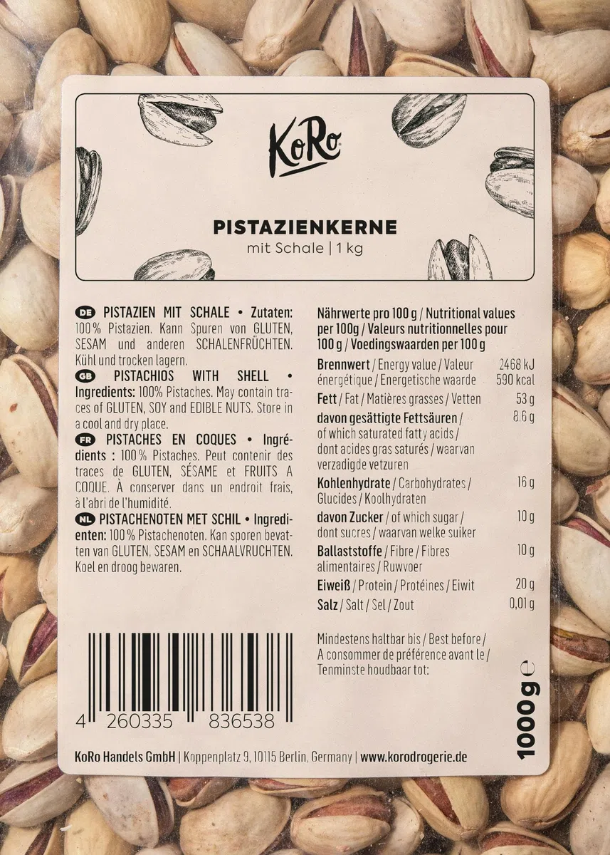KoRo - Pistacchi con guscio 1 kg - Pistacchi non trattati senza additivi in confezione di maxi formato