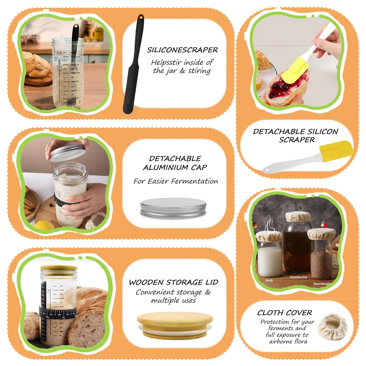 Raxfekro Set di base per lievito naturale, con tappo in alluminio, elastico, carta termometro, spatola in silicone, cappello di stoffa, etichetta per la cottura del pane lievitato naturale