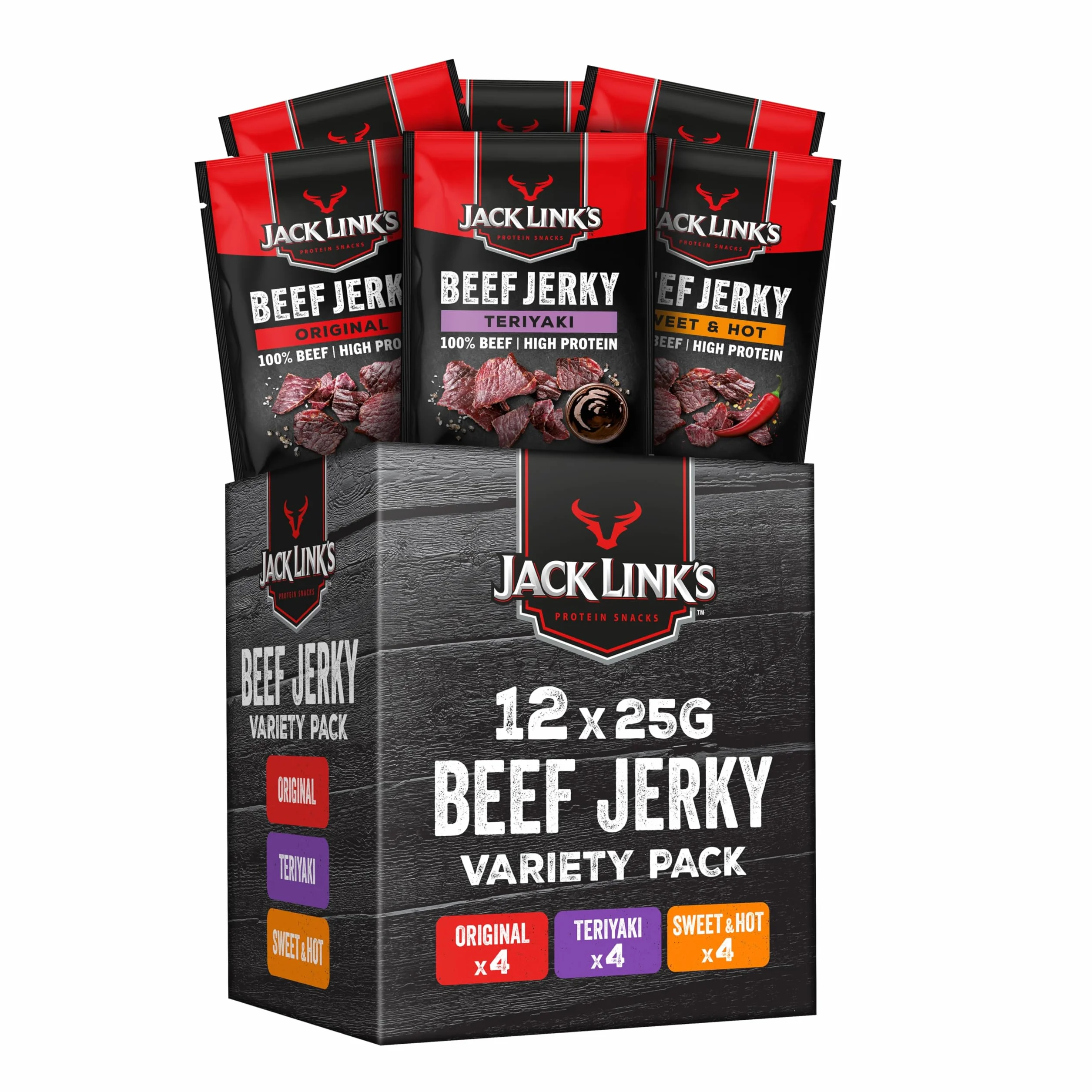 Jack Link’s Beef Jerky Mix - MrBeast Edition - Confezione da 12 (12 x 25g) Snack Proteico Assortito - Carne Secca di Manzo Stile Americano - Snack Fitness, Palestra e Outdoor
