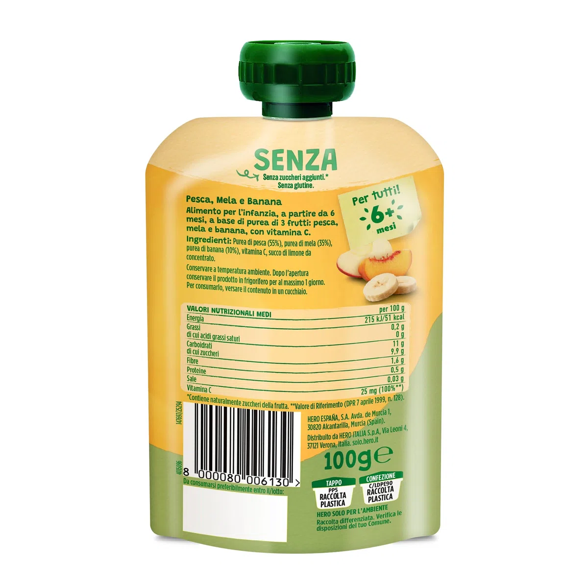 Hero Solo Pouch Frutta Pesca, Mela e Banana con Vitamina C – Senza zuccheri aggiunti, Senza glutine - Per bambini dai 6 mesi - 18 x 100 g