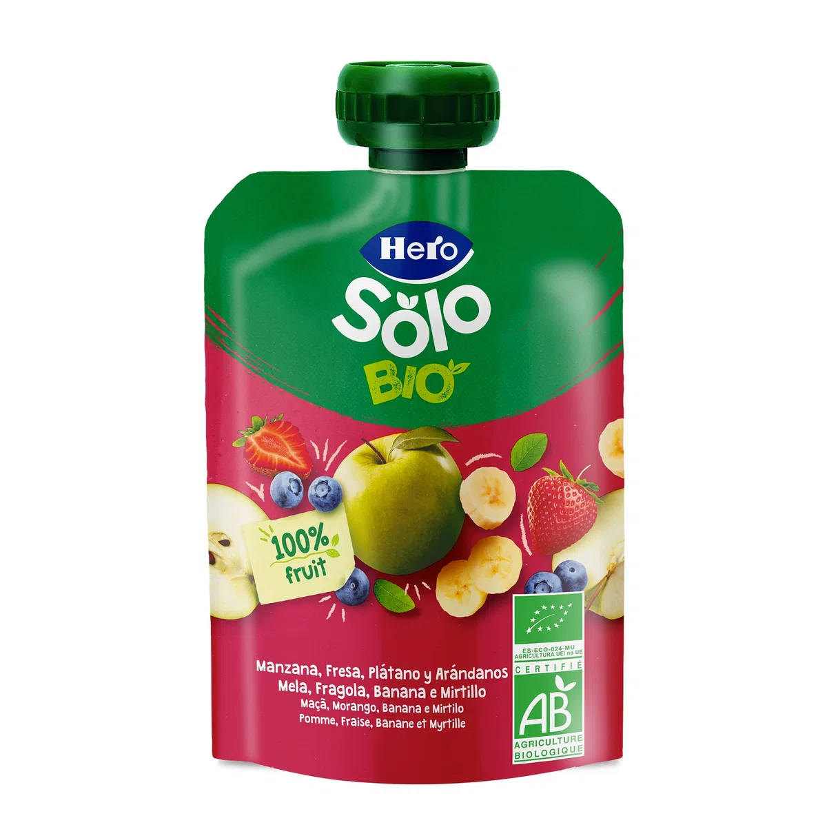 Hero Solo Pouch Frutta Frullata 100% Bio Mela, Banana, Fragola e Mirtillo, senza Zuccheri Aggiunti, Conservanti e Coloranti, senza Glutine, dai 4 Mesi in su - Pack da 18 Confezioni X 100 G
