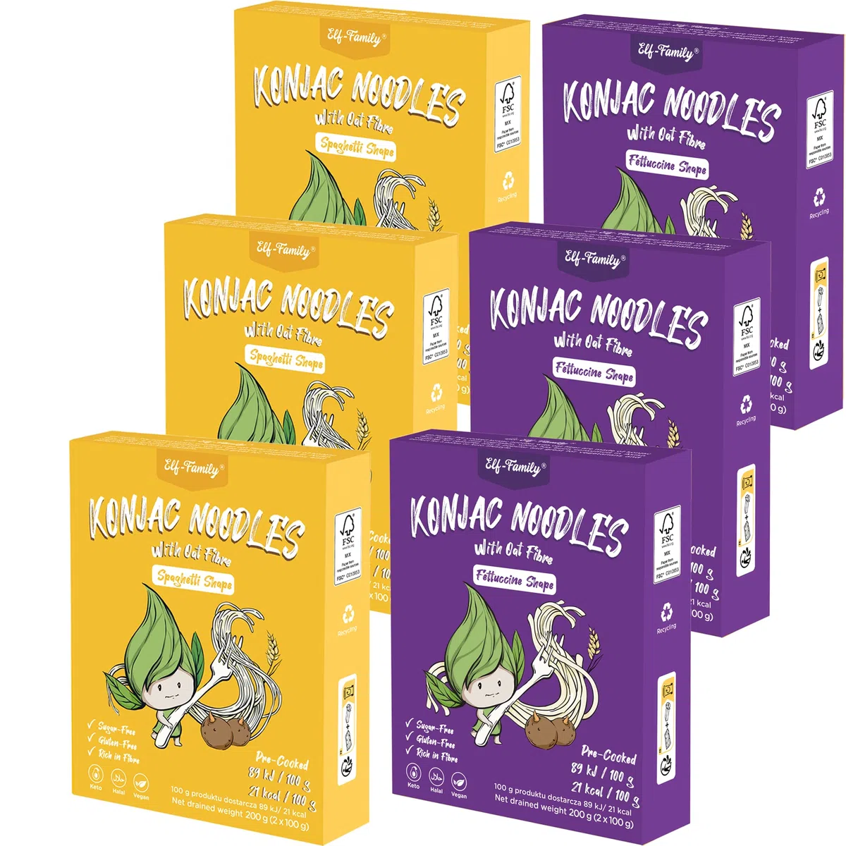 Elf-family Premium Pasta di Konjac Pochi Carboidrati- Vegano - 240g x6 Scatole(12 Porzioni), Shirataki Noodles Ipocalorica/Senza Zucchero e Glutine- Spaghetti & Fettuccine