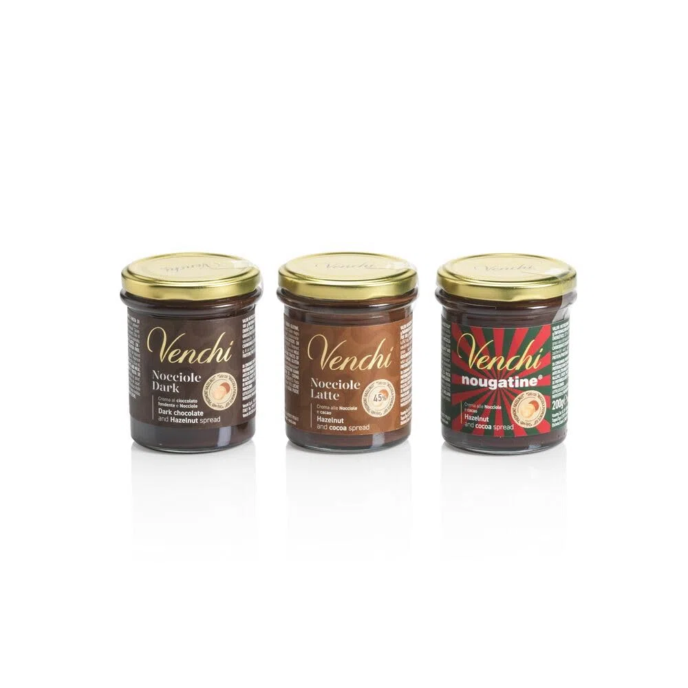 Venchi - Kit Degustazione di 3 Creme Spalmabili, Latte e Nocciole, Fondente e Nocciole, Nougatine, 600 gr, con "Nocciola Piemonte IGP", Senza Glutine, Senza Coloranti e Senza Conservanti