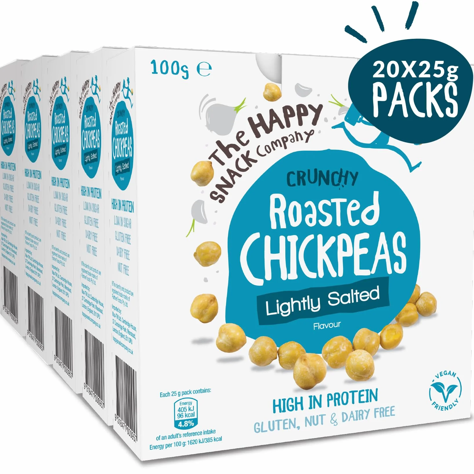 The Happy Snack Company Ceci arrostiti, sapore leggermente salato, spuntino sani, ad alto contenuto proteico, senza glutine, vegani, 96 calorie, 25 g, confezione da 20