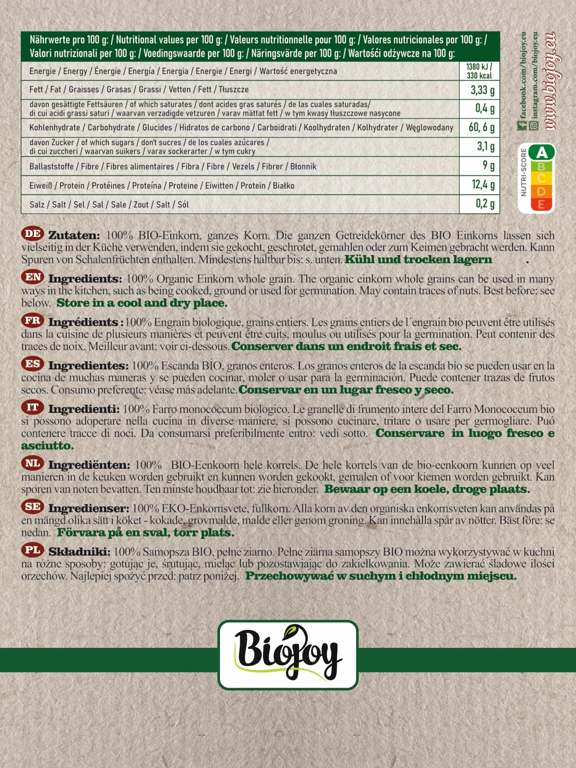 Biojoy Farro Monococco integrale BIO (2 kg) Farro Monococco in chicchi (Triticum monococcum)
