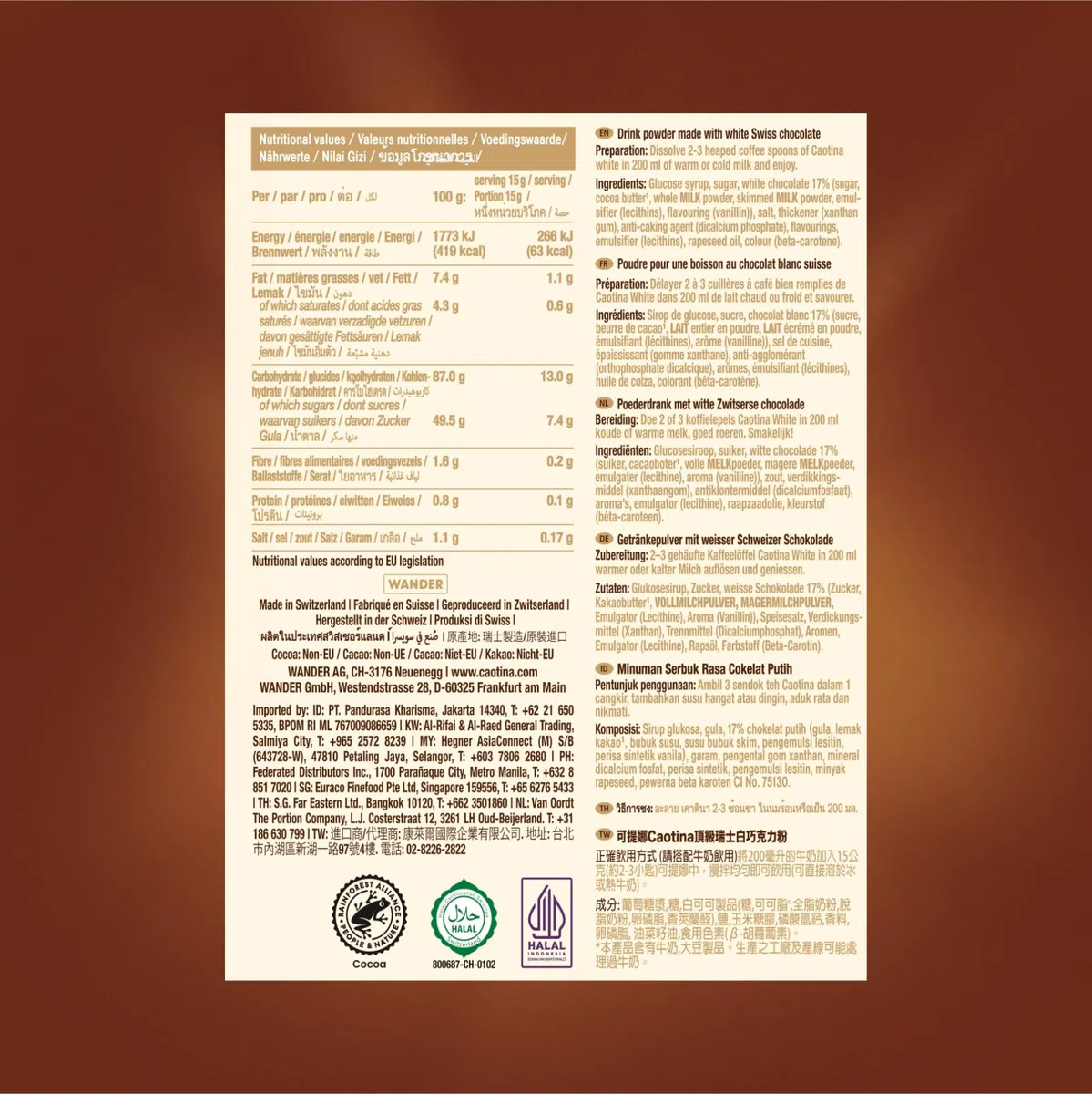 Caotina Blanc, cioccolato bianco da bere, cacao in polvere con il miglior cioccolato bianco svizzero, cioccolata calda sostenibile e certificata, 1x500g