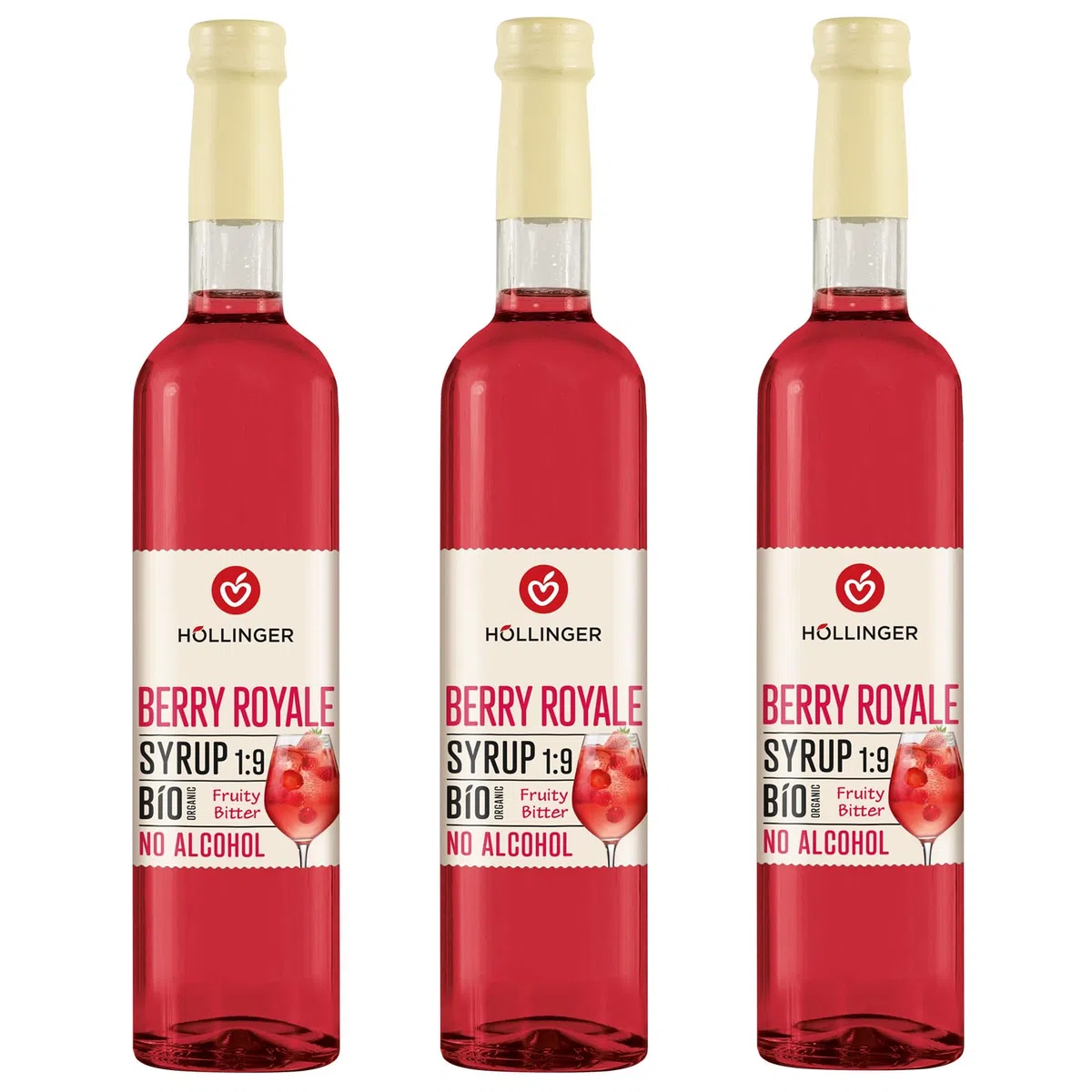 Hollinger Berry Royale Sciroppo Bio Analcolico, Concentrato 1:9, Confezione da 3 Bottiglie da 500ml, Gusto Fruttato e Amaro