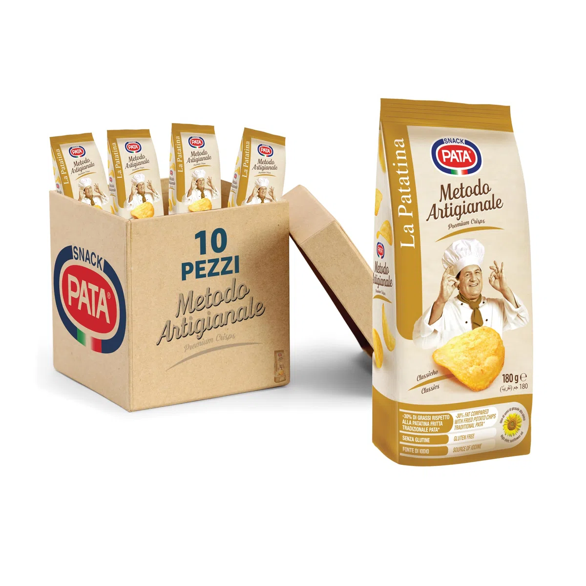 PATA | Patatine Classiche Metodo Artigianale, Senza Glutine, Con Olio di Semi di Girasole Alto Oleico, Fonte di Iodio, 10x180g