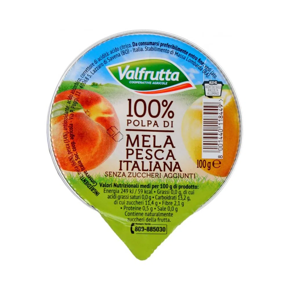 Valfrutta Polpa di Mela e Pesca Italiana, 100% Naturale, Senza Zuccheri Aggiunti, 100g, Confezione da 24 Vaschette