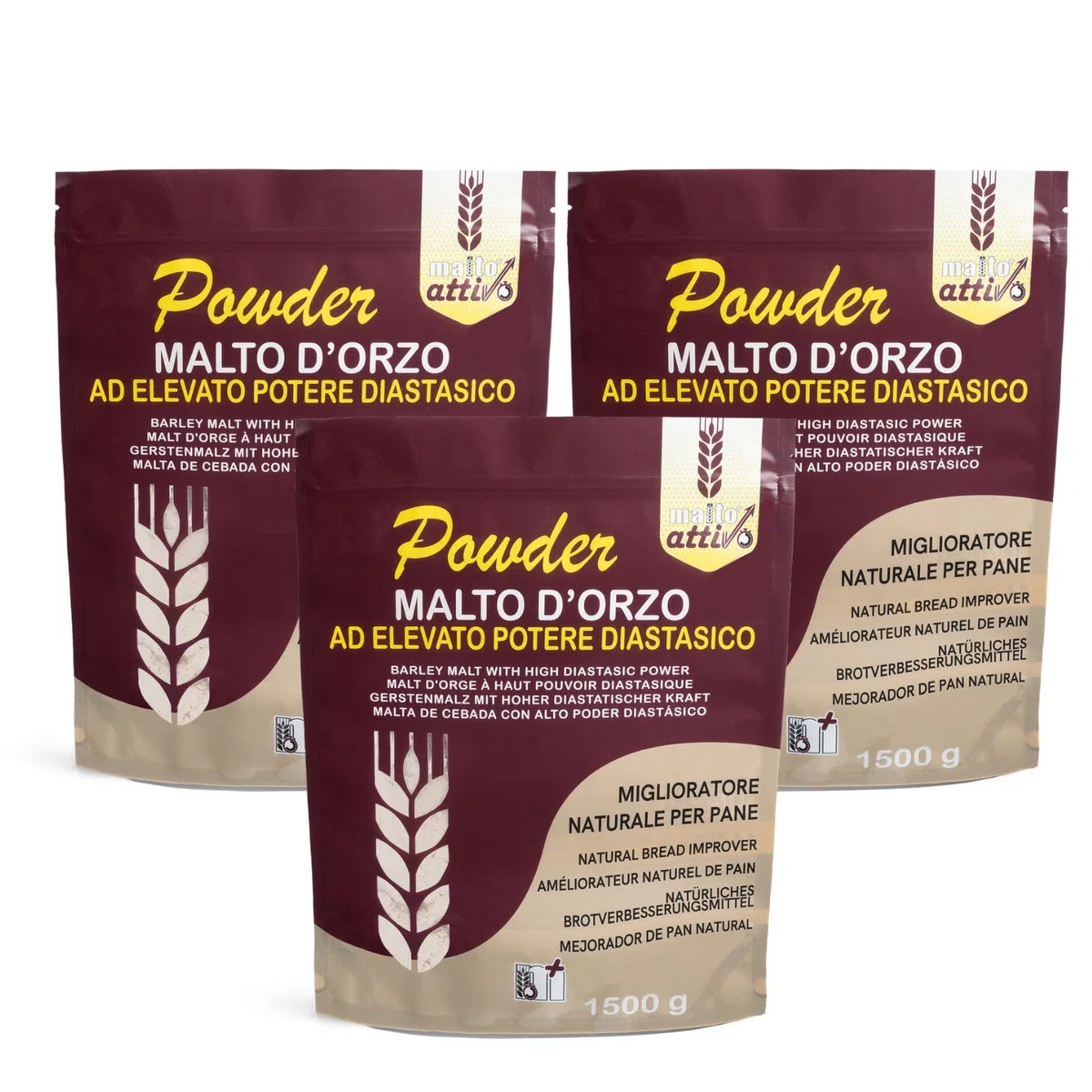 Malto Attivo, Box Powder da 3 pz di Powder 1.5Kg, Farina di Malto d’Orzo ad Elevato Potere Diastasico, Malto Diastasico Ideale per Panificazione, 14.000 Unità Pollak, Made in Italy.