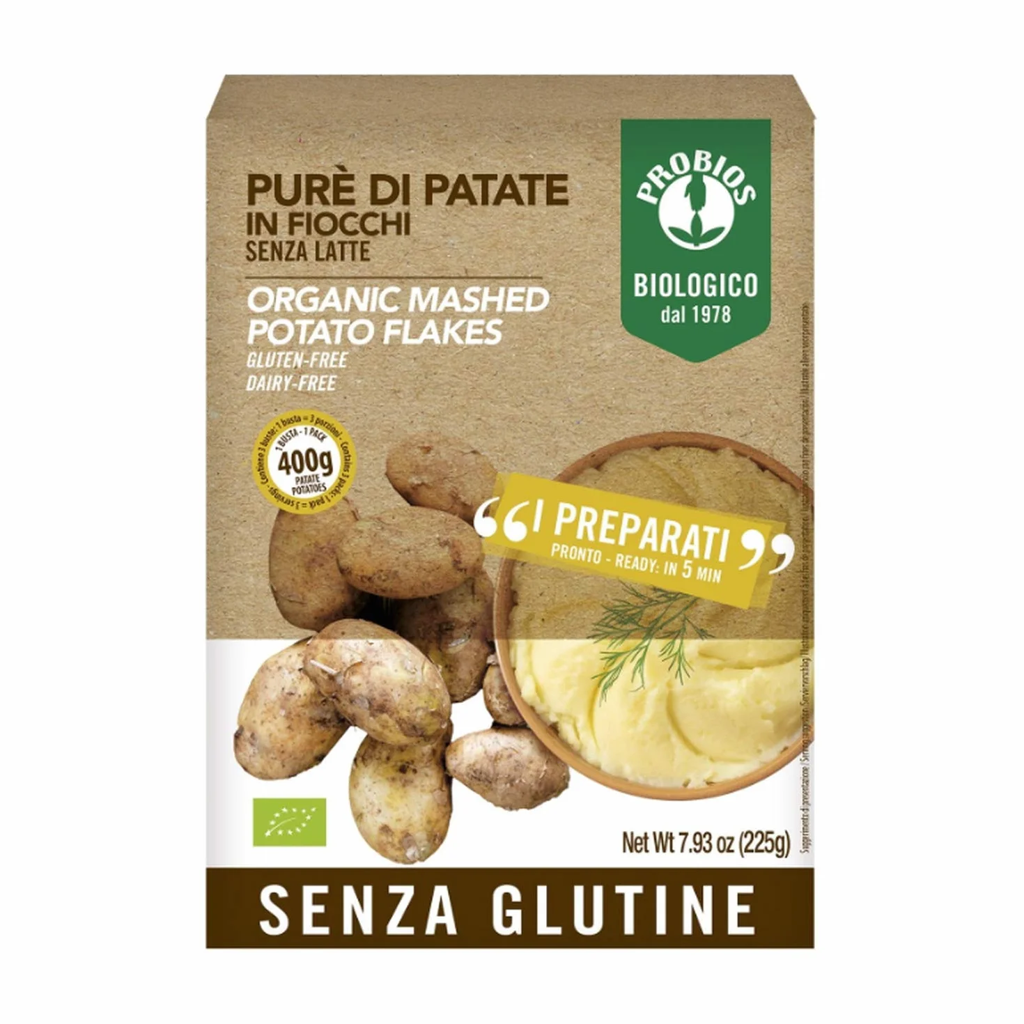 Probios Purè di Patate in Fiocchi Bio - Senza Glutine - Pacco da 6 x 225 g