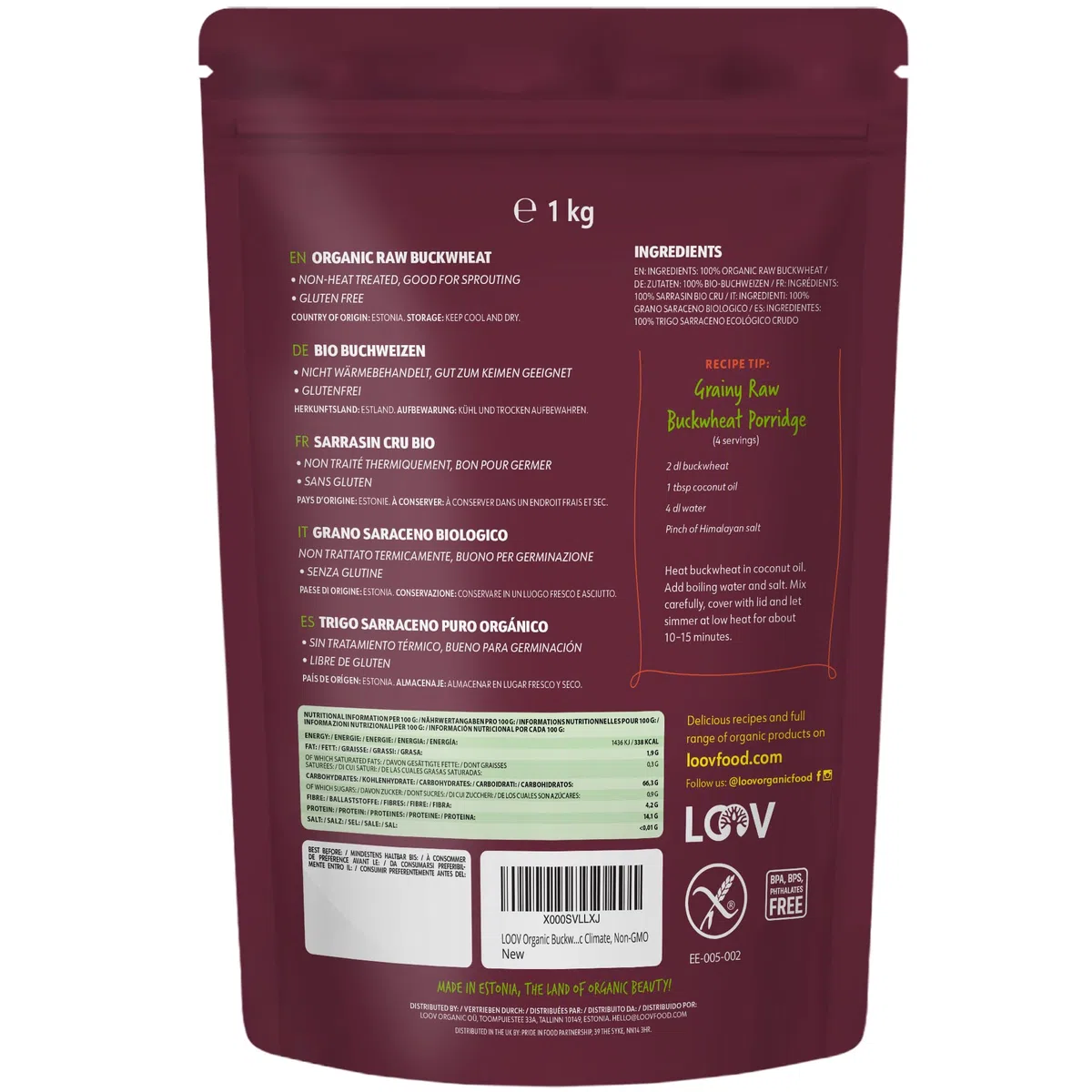 Semola di Grano Saraceno Crudo, Biologico e Senza Glutine, 1 kg, non Trattato Termicamente, Tutti i Nutrienti Sono Preservati, Sapore di Nocciola, Coltivazione Biologica in Clima Nordico, Non-OGM