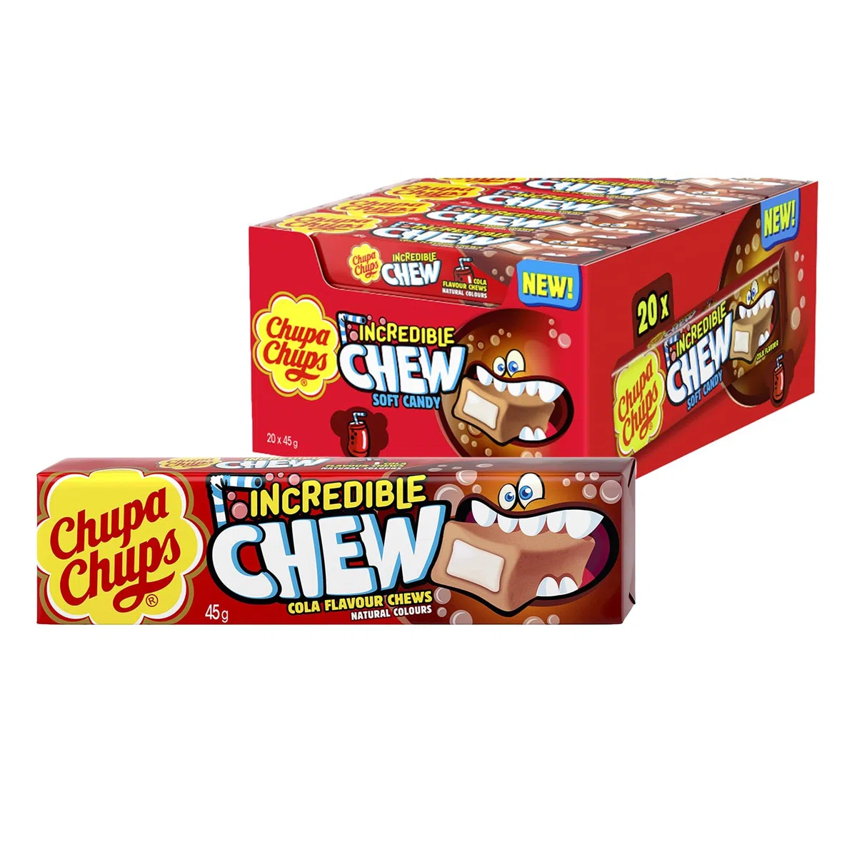 Chupa Chups Incredible Chew Cola, Gusto Cola, Caramelle Morbide, Confezione da 20 Stick, Incredibile Esplosione di Gusto