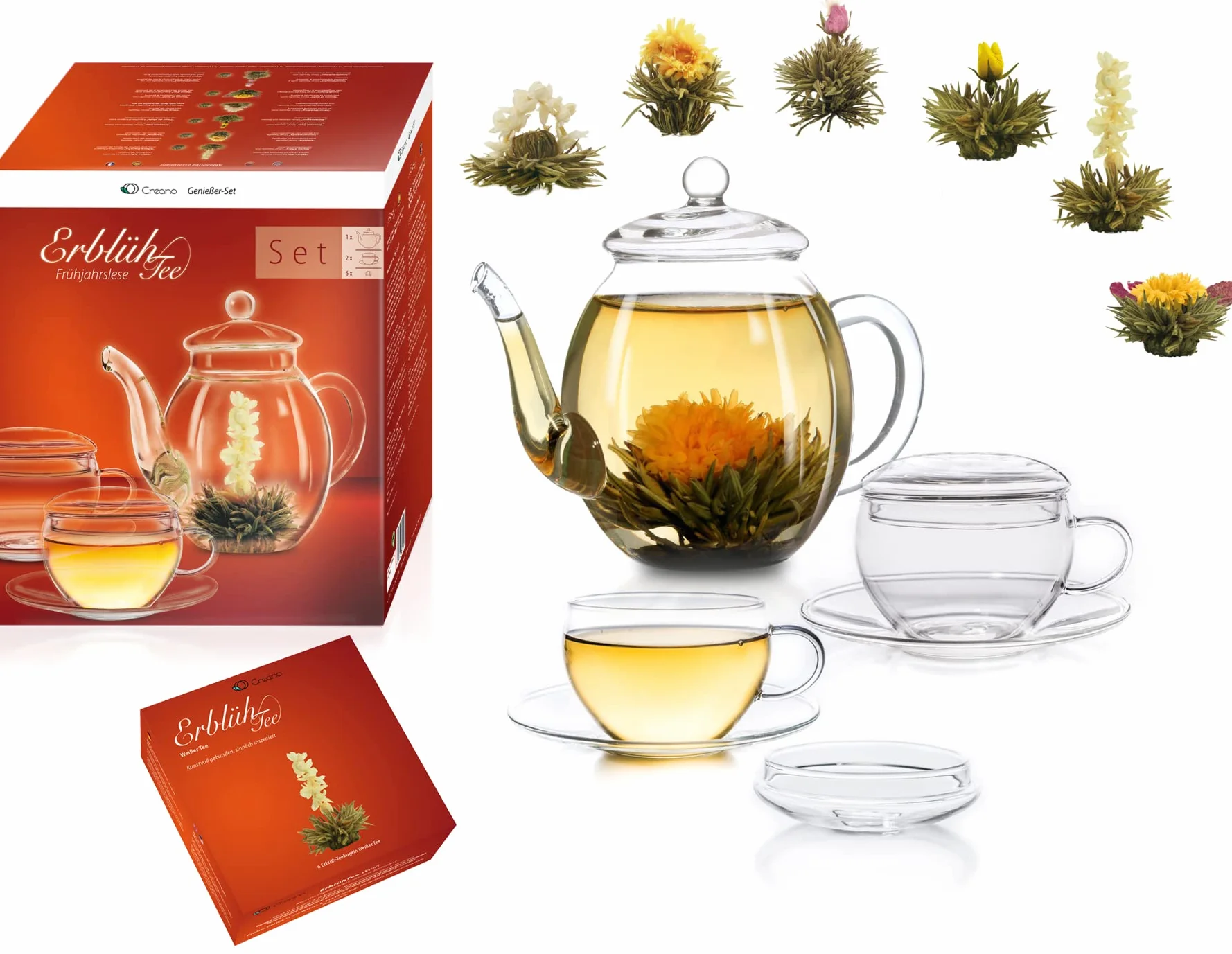 Creano Mix Gourmet Set Regalo Fiori di Tè Bianco in 6 Varietà – Include Caraffa in Vetro 500ml e 2 Tazze 200ml – Set Tè Fiorito per compleanno, natale, occasioni speciali
